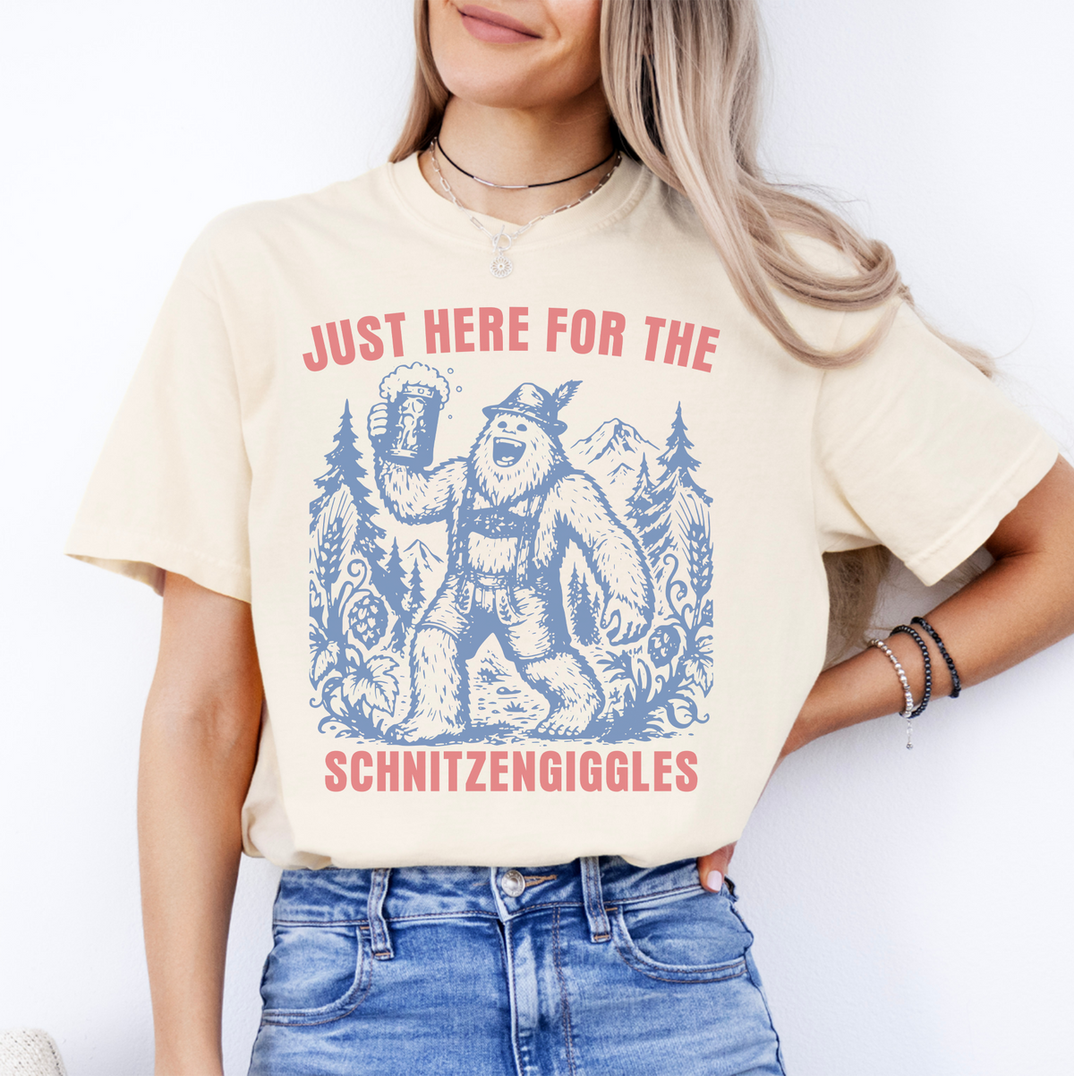 Oktoberfest Bigfoot Graphic Top – \"Just Here For The Schnitzengiggles\" Shirt