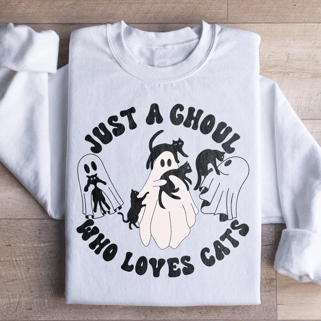 Just A Ghoul Who Loves Cats Sweatshirt S / White Printify Sweatshirt T-Shirt
