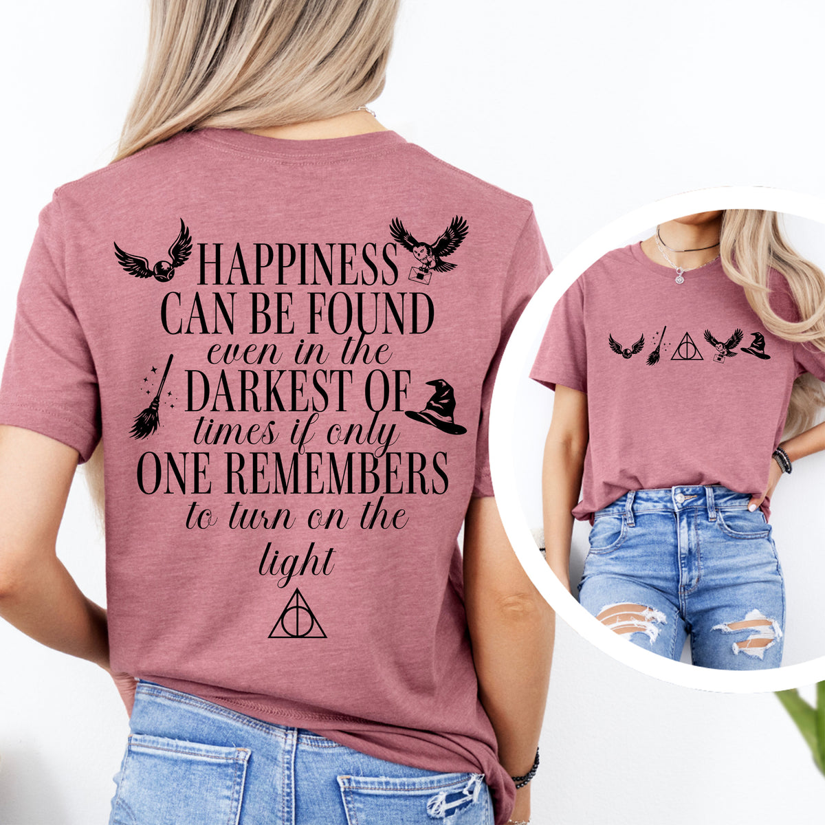 Fantasy Book Lover Graphic Shirt in Mauve with Magic Icons