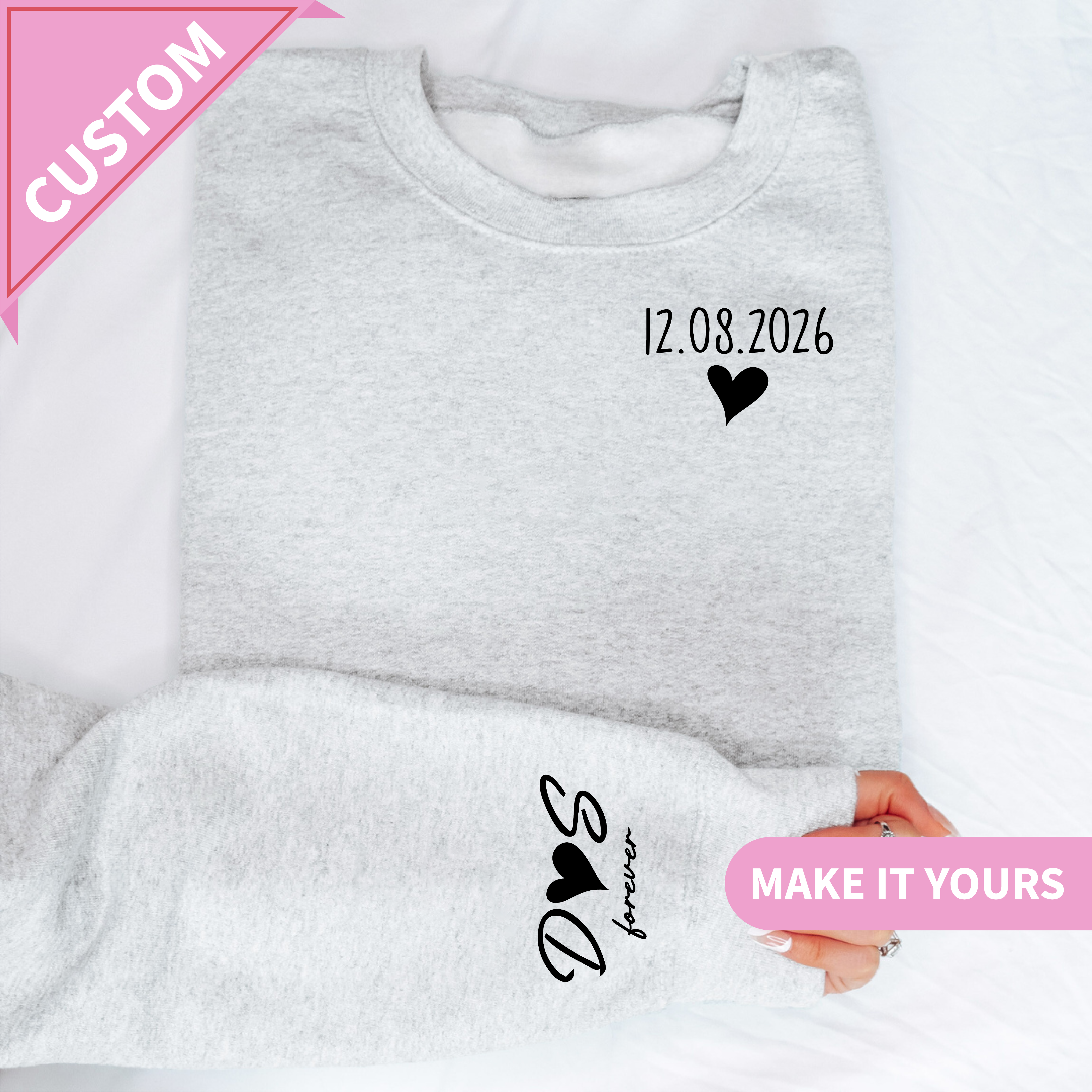 Personalized Couple Sweatshirt with Custom Date & Initials on Sleeve
