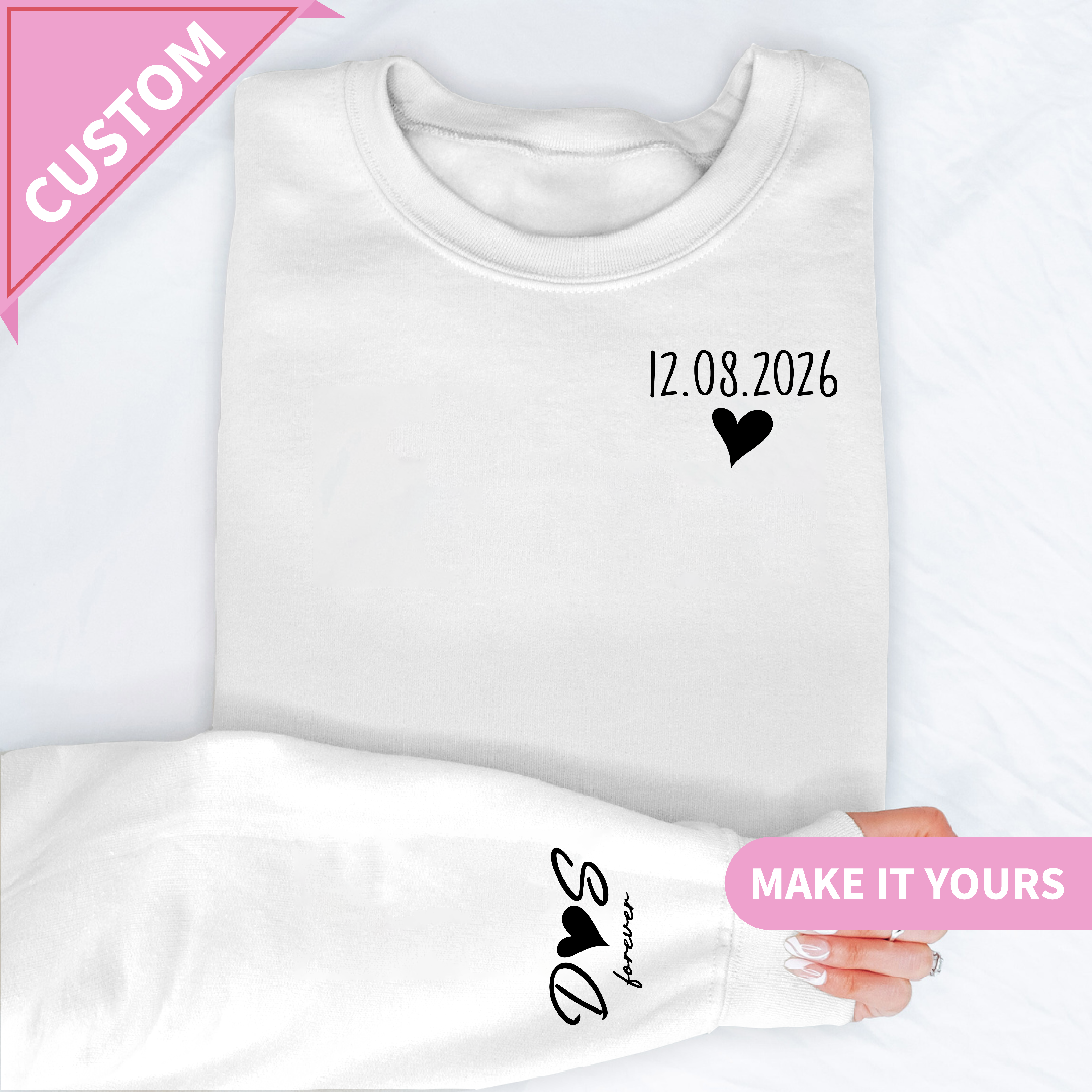 Personalized Couple Sweatshirt with Custom Date & Initials on Sleeve