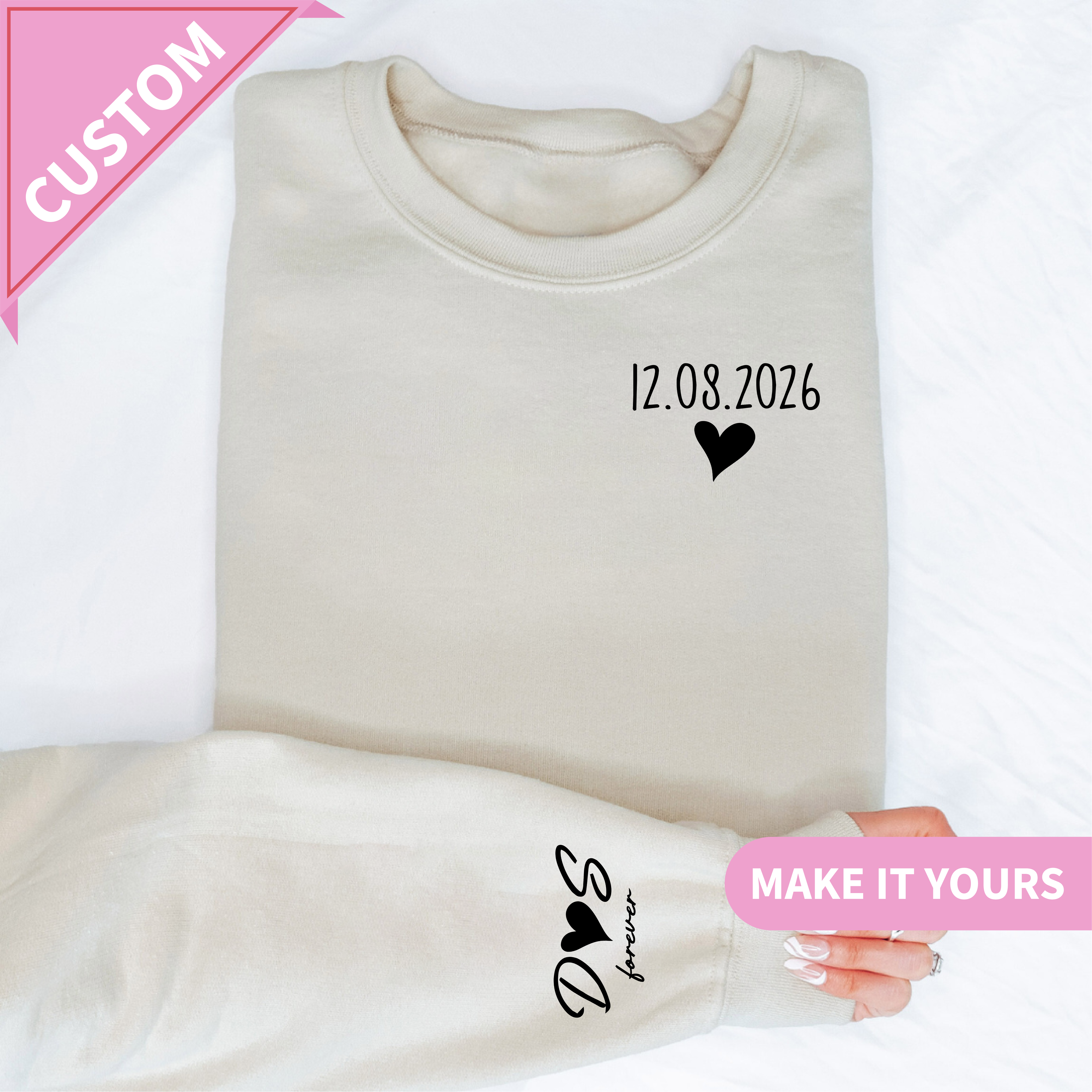 Personalized Couple Sweatshirt with Custom Date & Initials on Sleeve