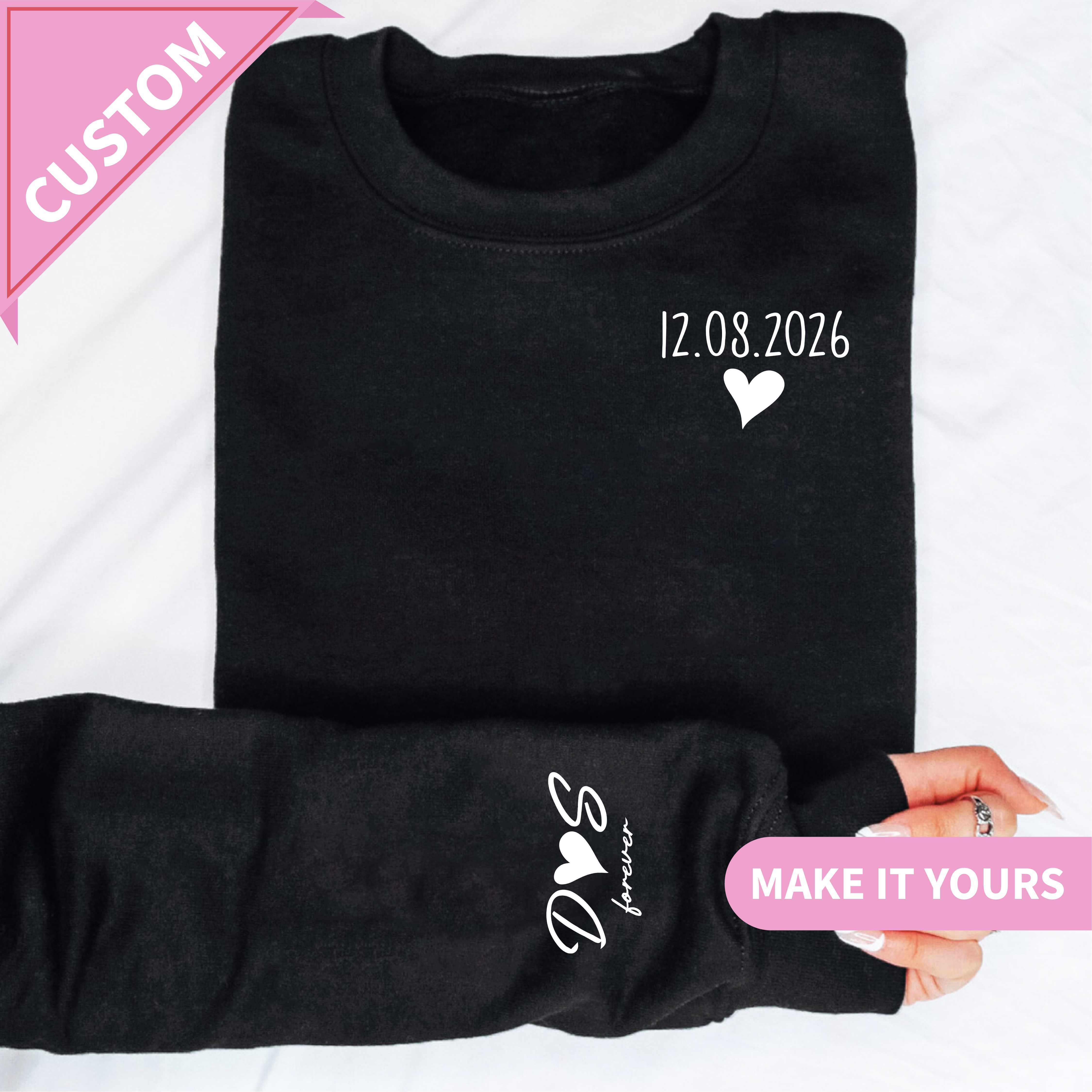 Personalized Couple Sweatshirt with Custom Date & Initials on Sleeve