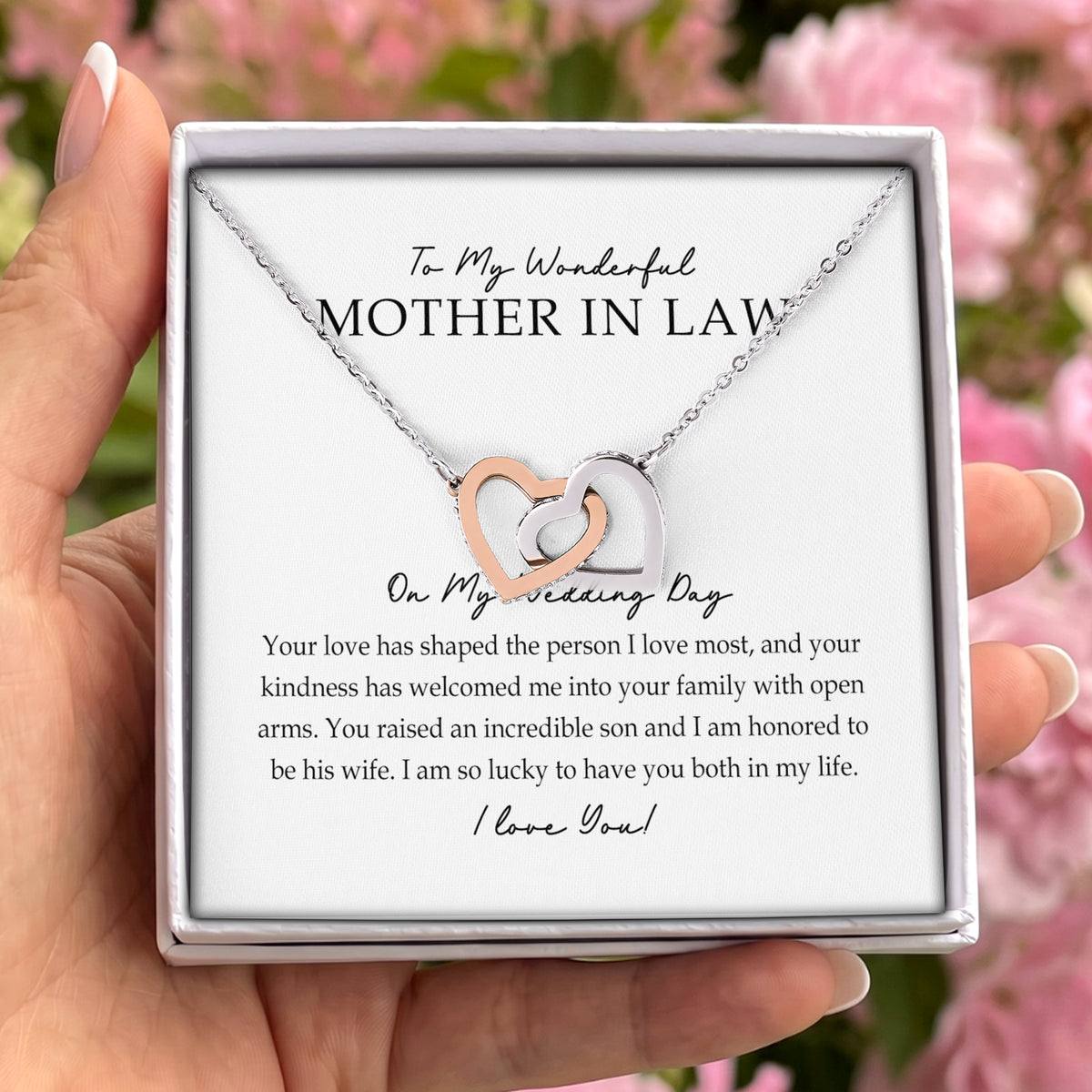 Mother-in-Law Wedding Keepsake Interlocking Hearts Necklace – "To My Wonderful Mother in Law"