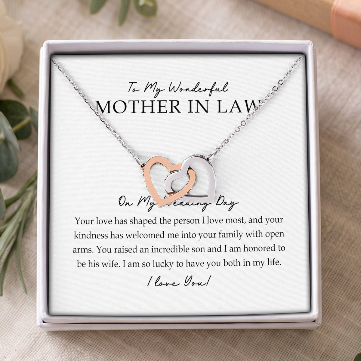 Interlocking hearts necklace gift box for mother in law with wedding day gratitude message card