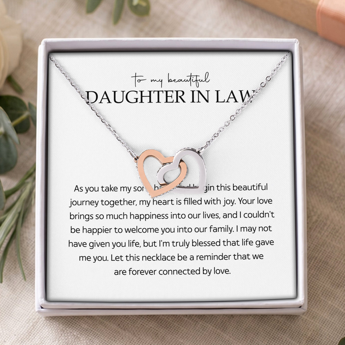 Daughter-in-Law Wedding Welcome Interlocking Hearts Necklace – "To My Beautiful Daughter in Law"