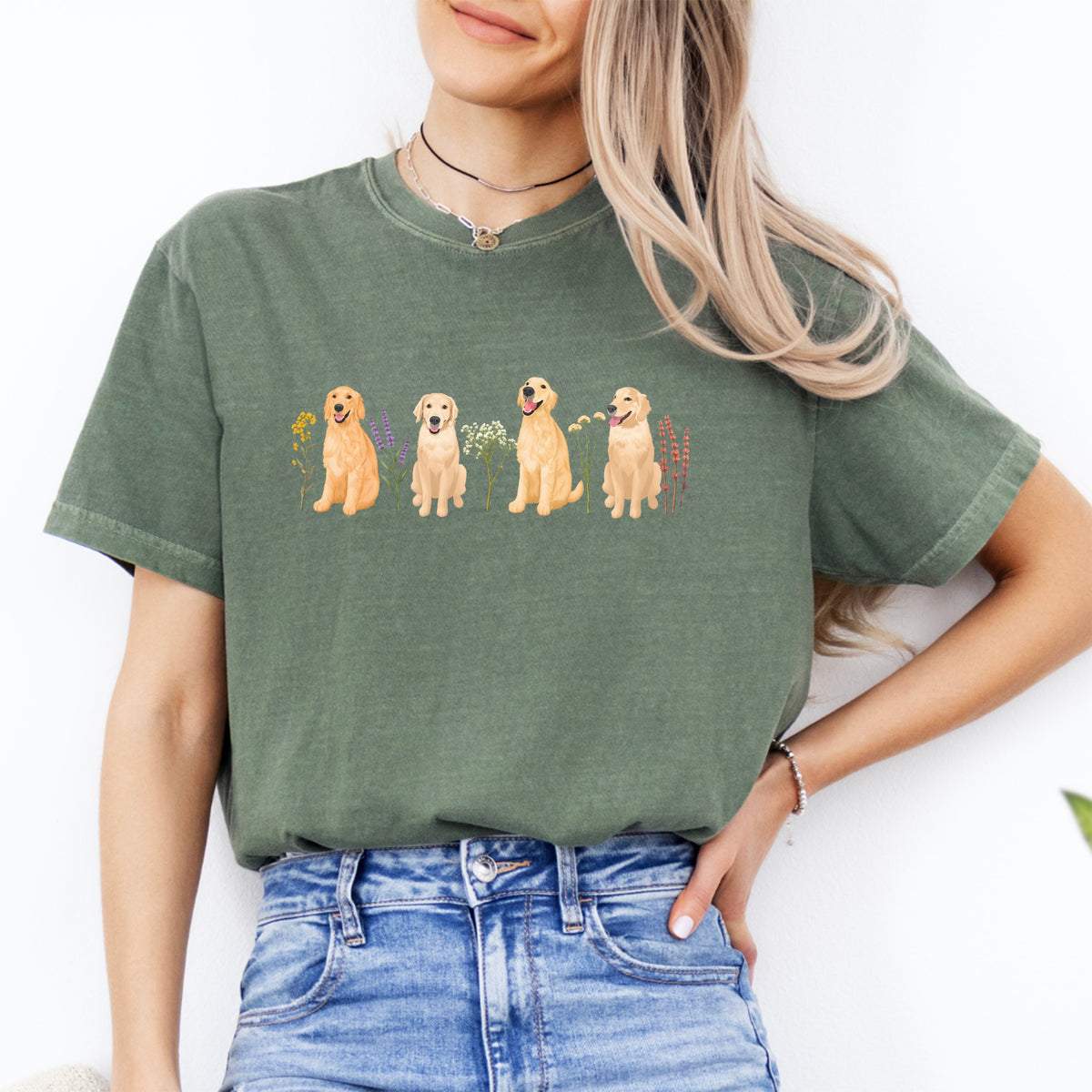 Botanisches Blumen-Golden-Retriever-Grafiktop – Shirt für Hundemamas