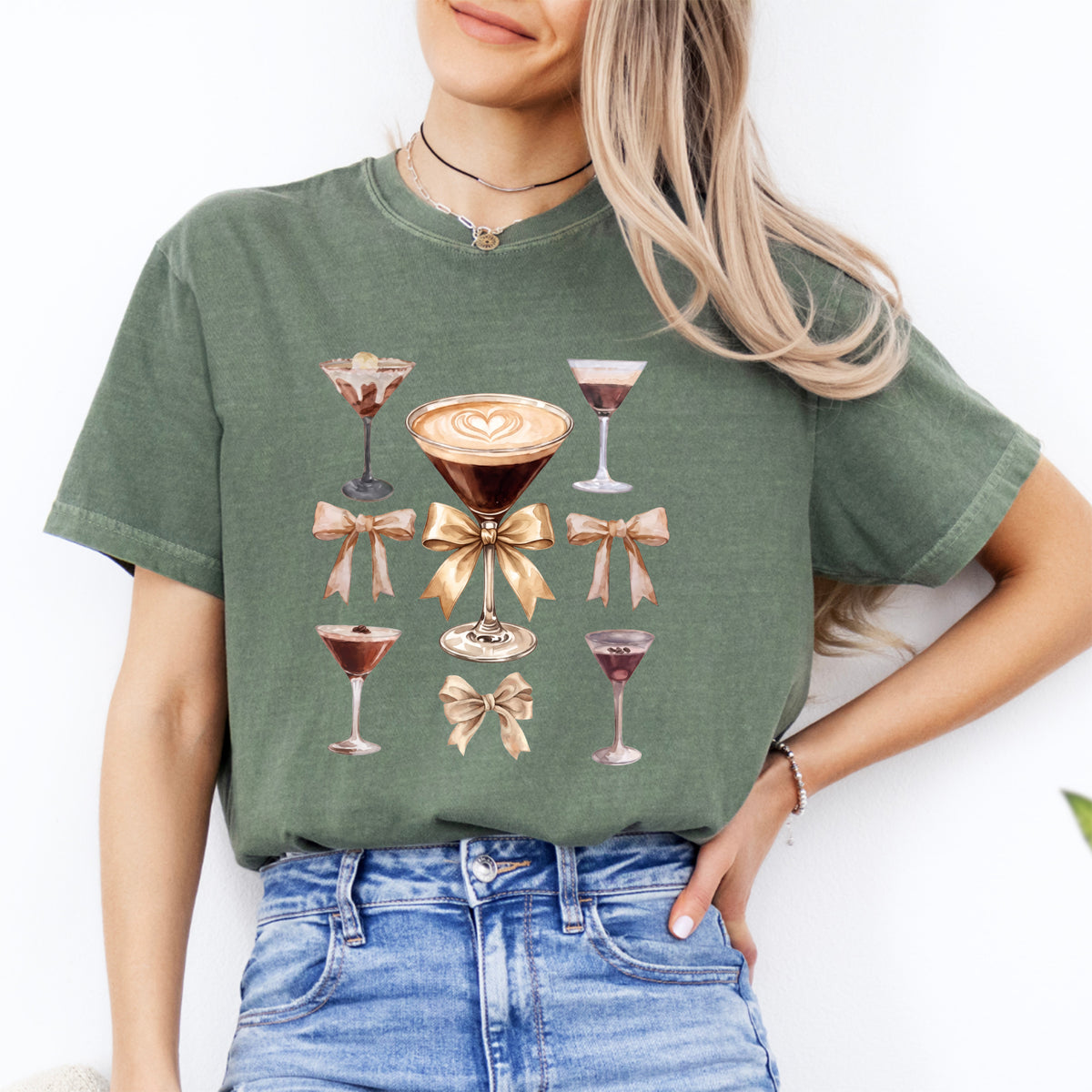 Espresso Martini Coquette Bows Graphic Top – Trendy Cocktail Casual Shirt