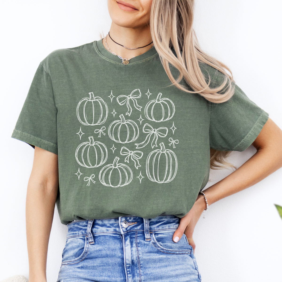 Süßes Coquette-Herbstoberteil mit Motiv – \"Pumpkins And Bows\"