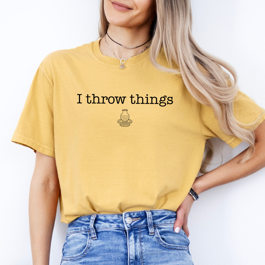 I Throw Things funny pottery ceramics graphic tee in mustard yellow