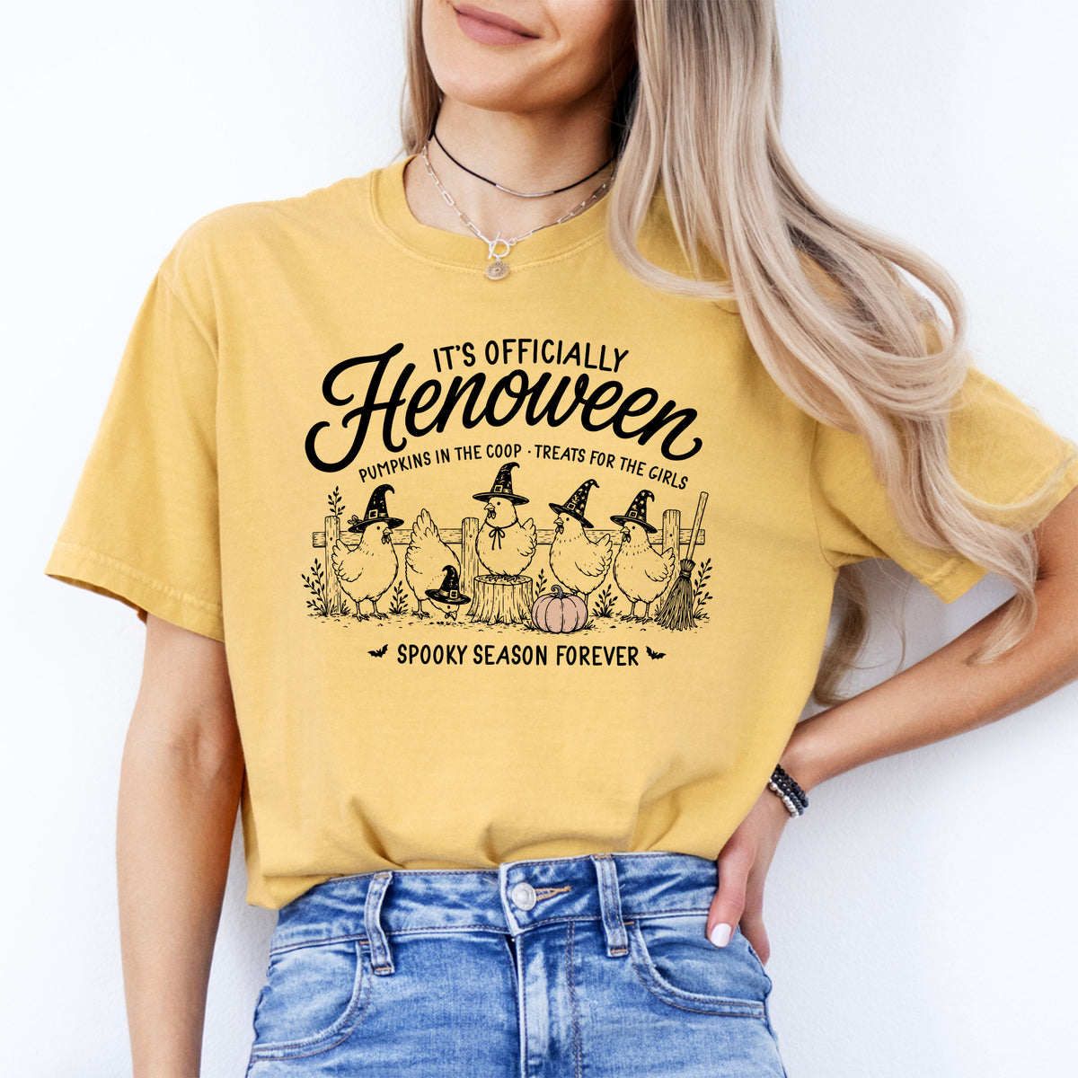 Backyard Chicken Autumn Graphic Tee – \"It's Officially Henoween\" Witch Hens