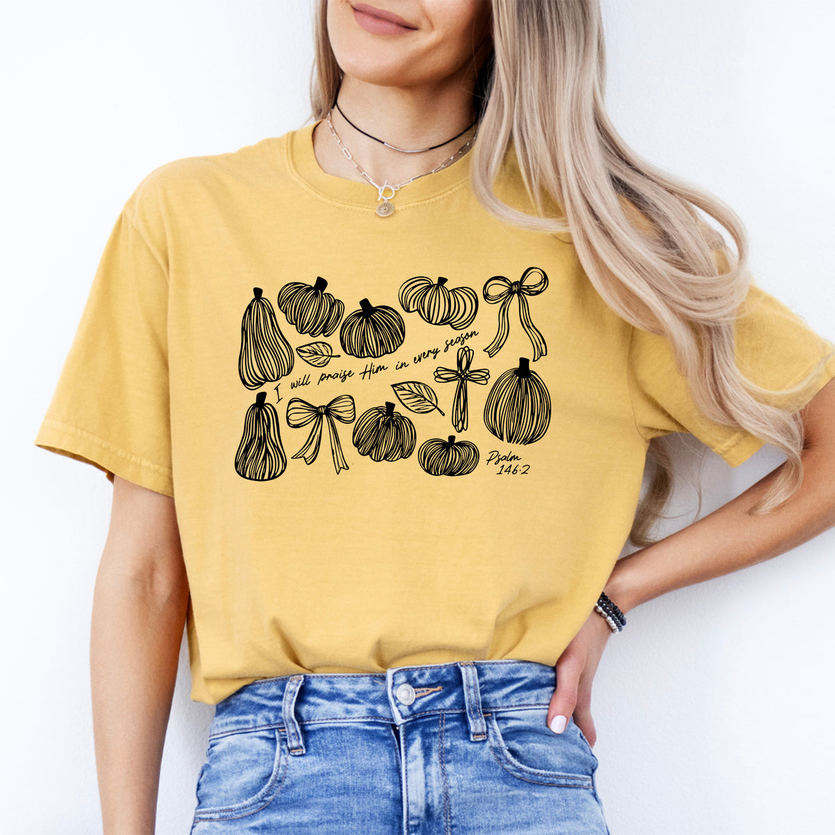 Christian pumpkin and bows graphic shirt with I Will Praise Him In Every Season scripture print