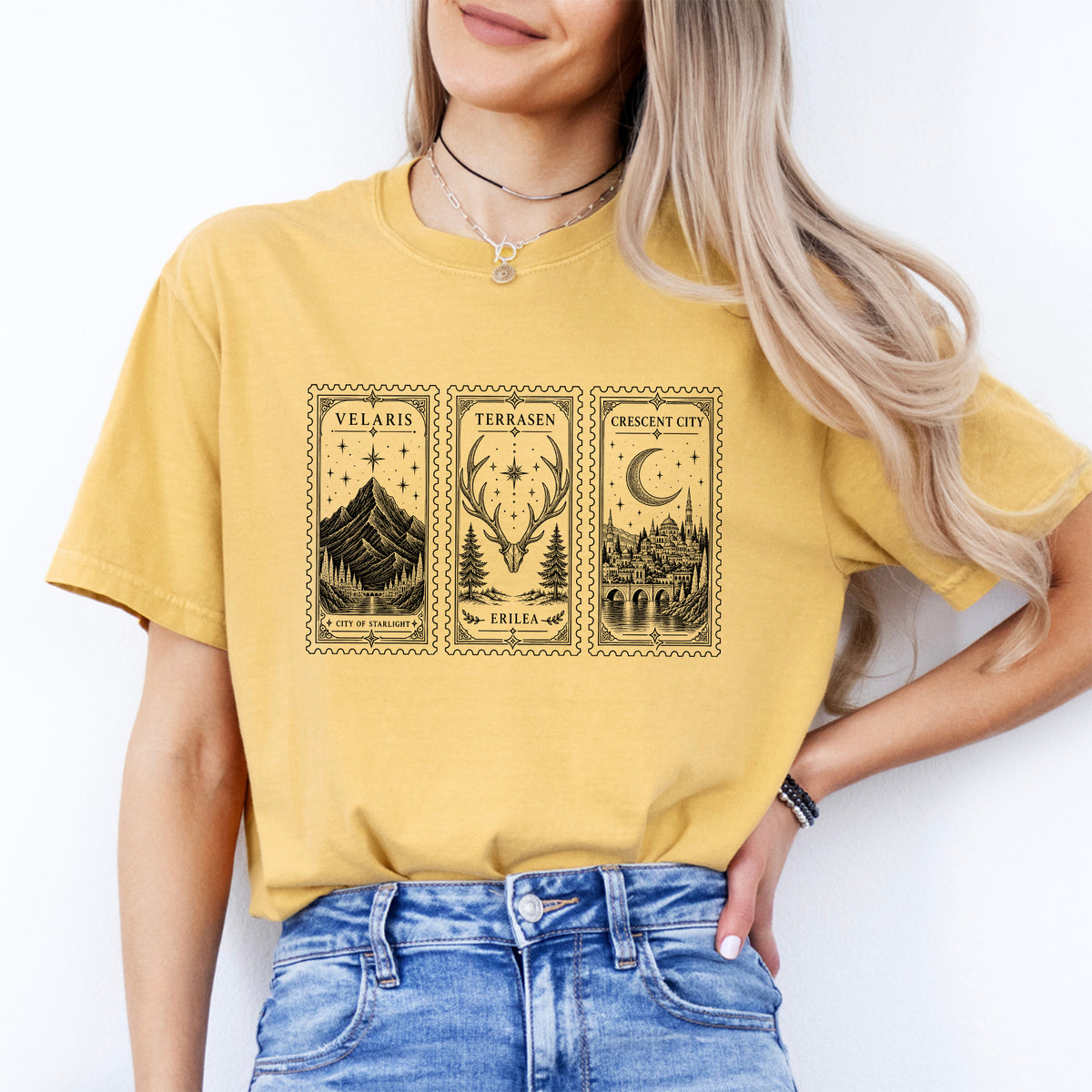 Grafik-Top mit Fantasy-Buchpostkarte – Bookish-T-Shirt mit Velaris und Terrasen