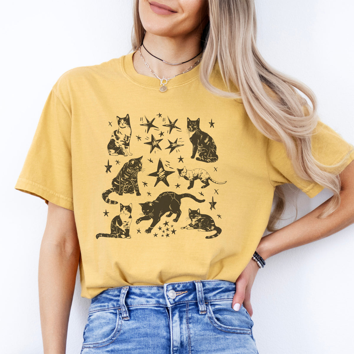 Vintage-T-Shirt mit Katzen-Sternmotiv