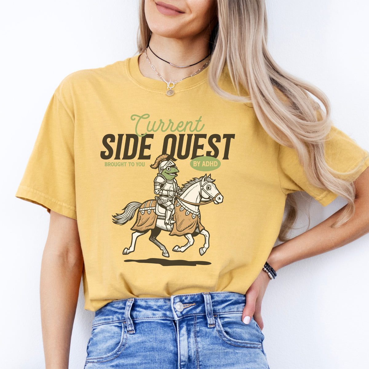 "Current Side Quest Brought To You By ADHD" – Lustiges Ritter-Grafik-T-Shirt