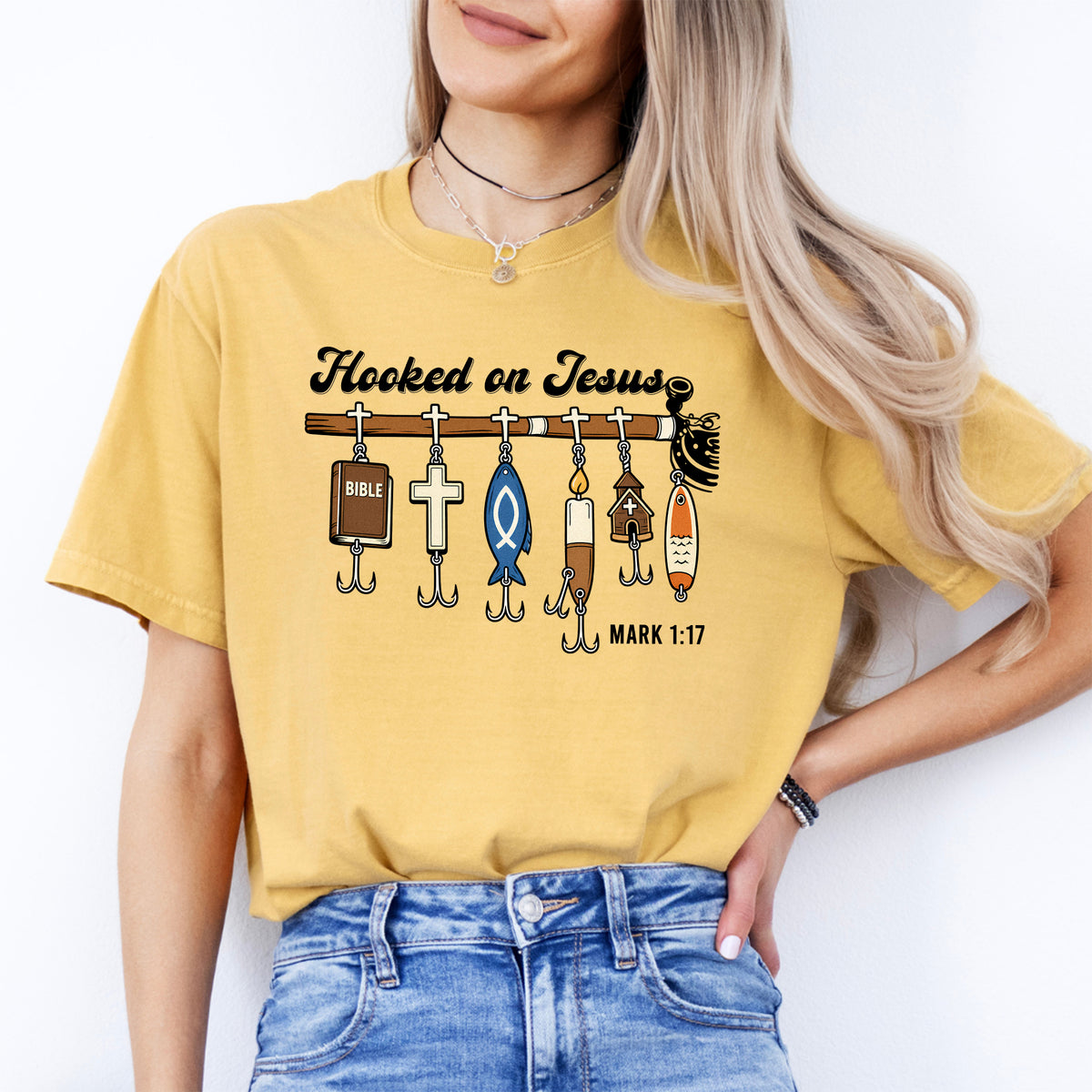 Christliches Angel-Grafikshirt „Hooked on Jesus“, Markus 1:17 – Glaubensshirt für Angler