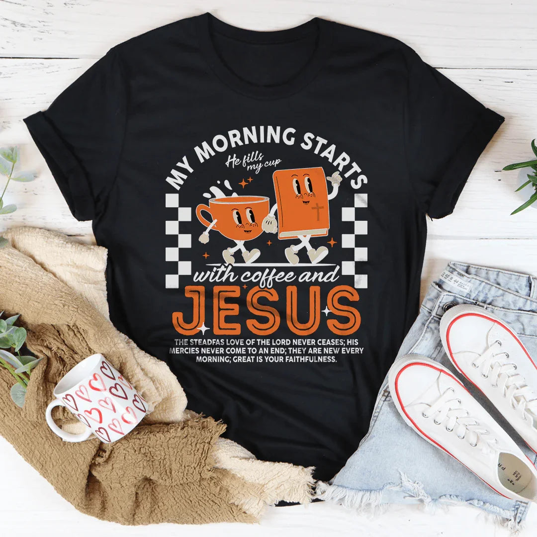 My Morning Starts With Coffee And Jesus Tee Black Heather / S Peachy Sunday T-Shirt