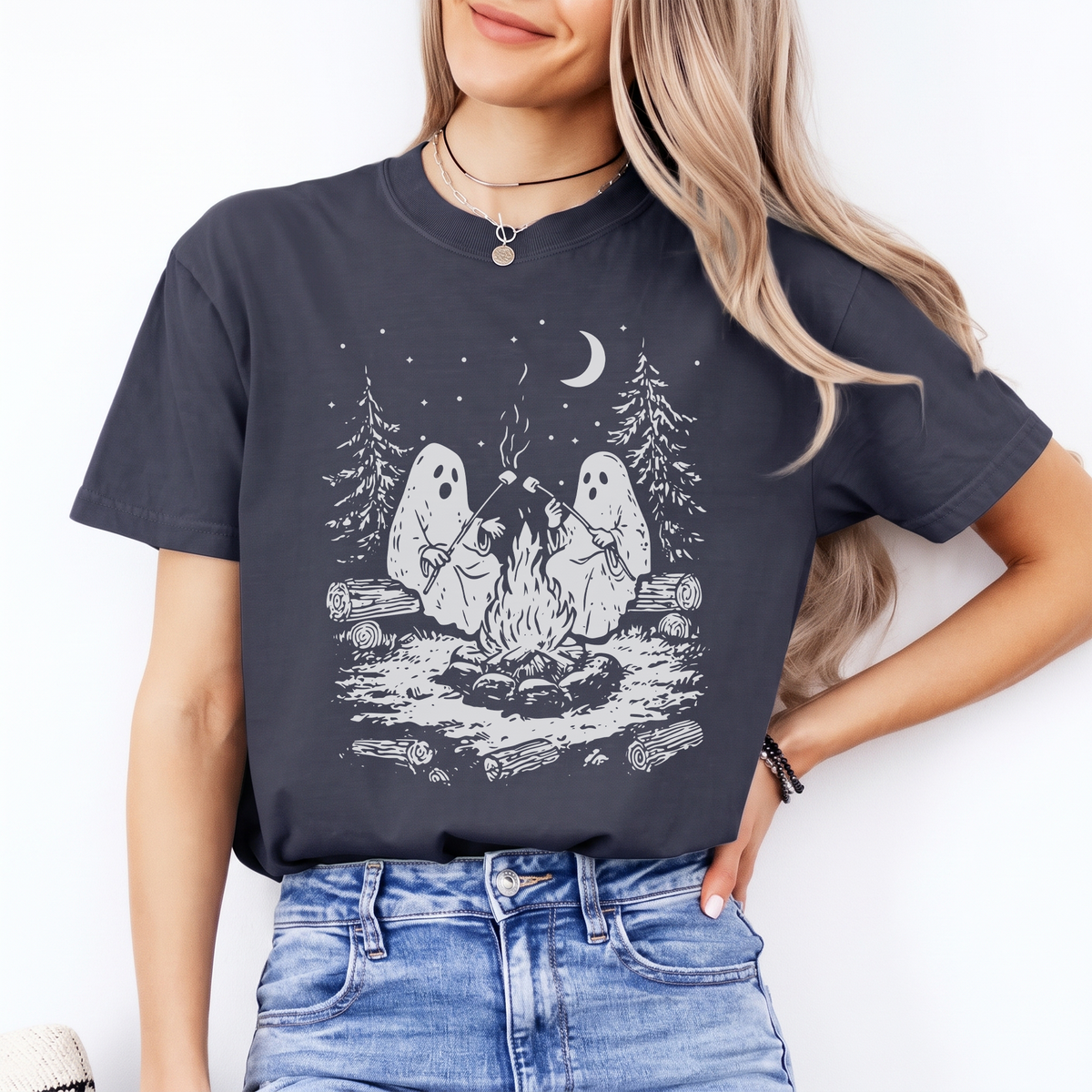 Navy Campfire Ghosts Graphic Shirt showing cute sheet ghosts roasting marshmallows