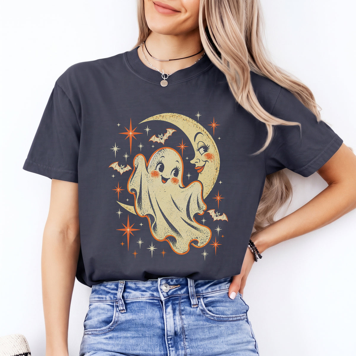 \"Retro-Gespenst und Mondsichel\" – Spooky-Celestial-Print-Top