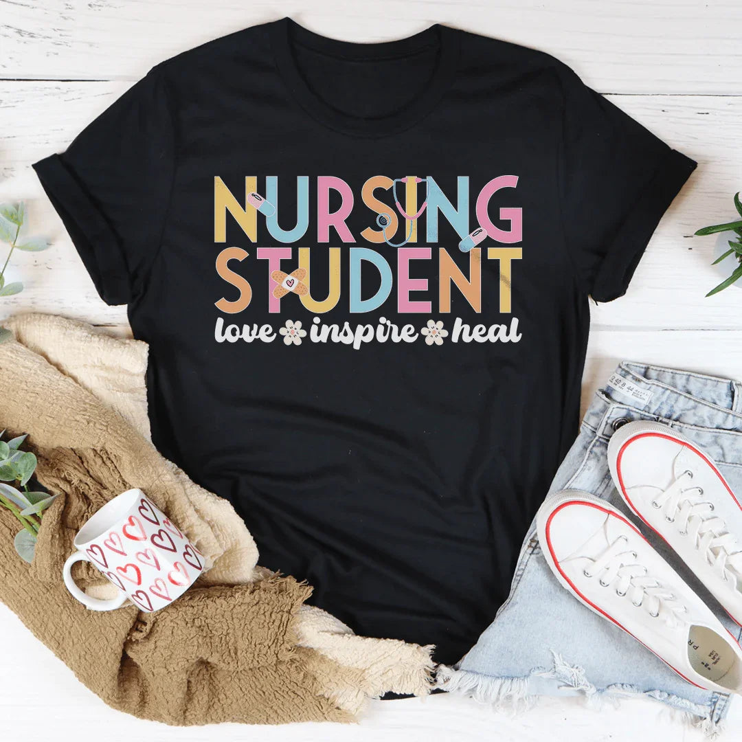 Nursing Student Love Inspire Heal Tee Black Heather / S Peachy Sunday T-Shirt