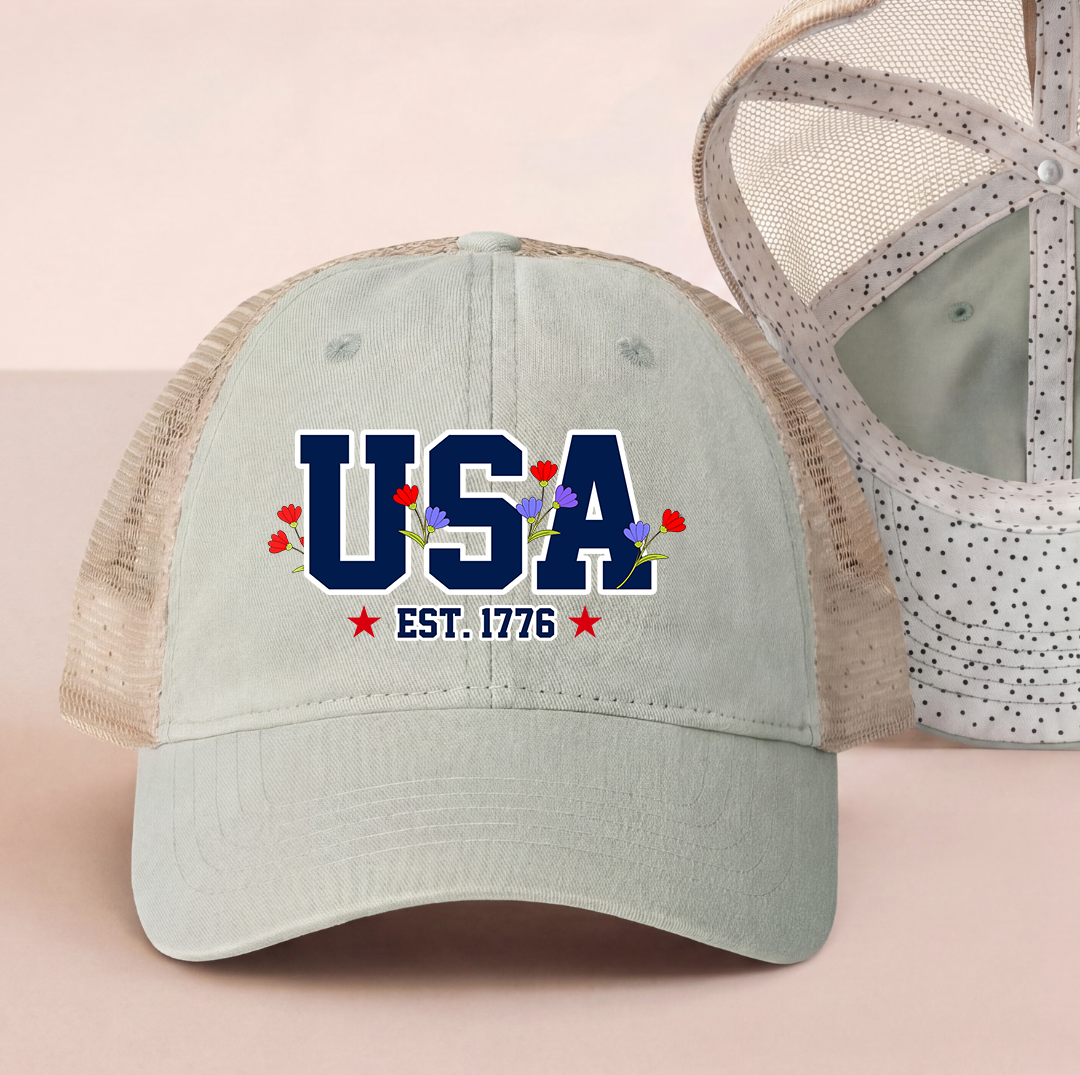 Embroidered USA Flag Floral Trucker Hat