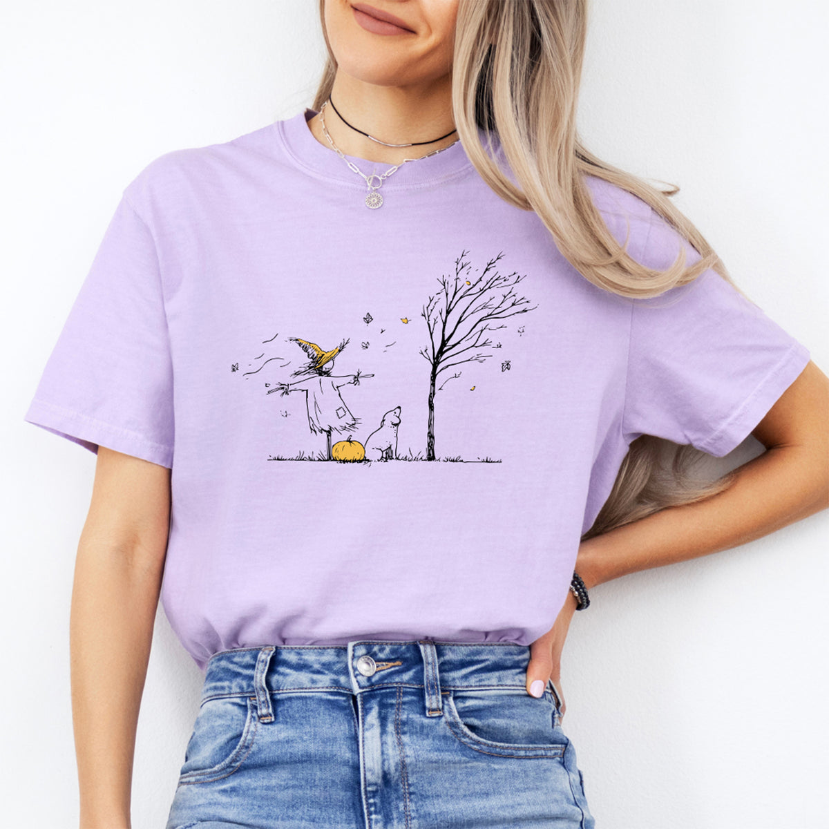 Autumn scarecrow and sitting puppy with pumpkin line art graphic top in orchid purple