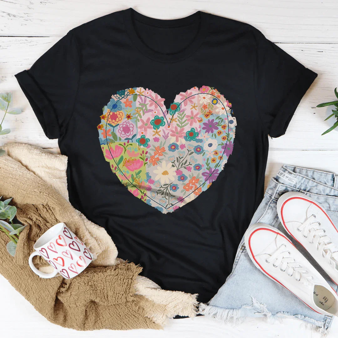 Patch Work Floral Heart Tee Black Heather / S Peachy Sunday T-Shirt