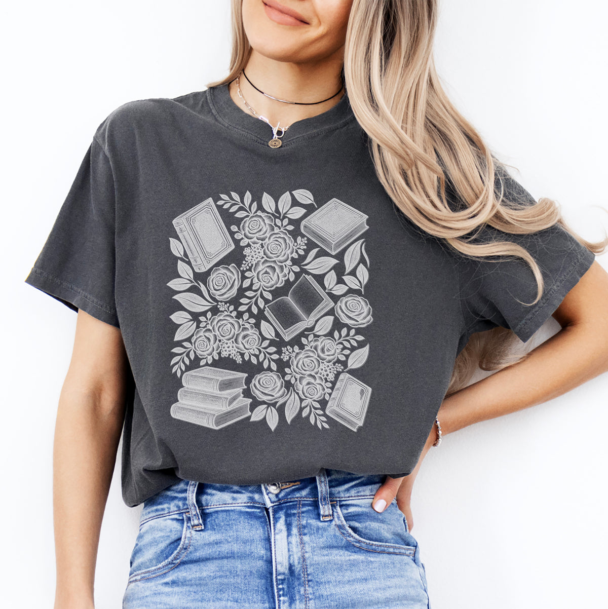 Linocut Books And Flowers Tee
