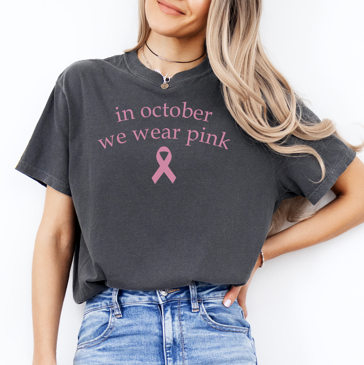 In October We Wear Pink Graphic Shirt in pepper with pink ribbon awareness design
