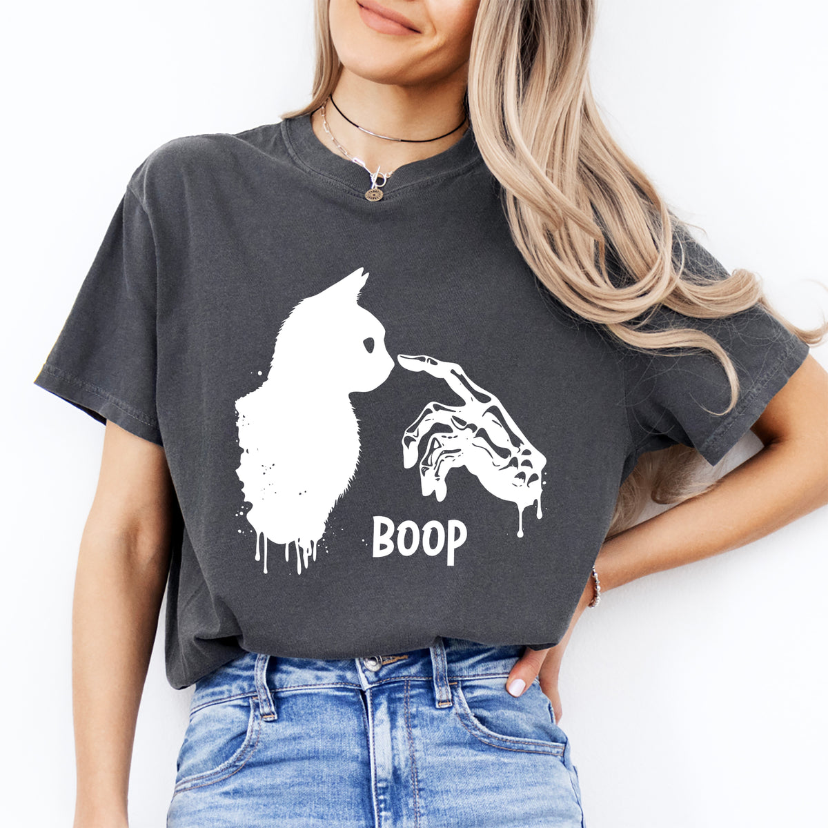 Skeleton Hand Cat Boop spooky pet shirt in pepper