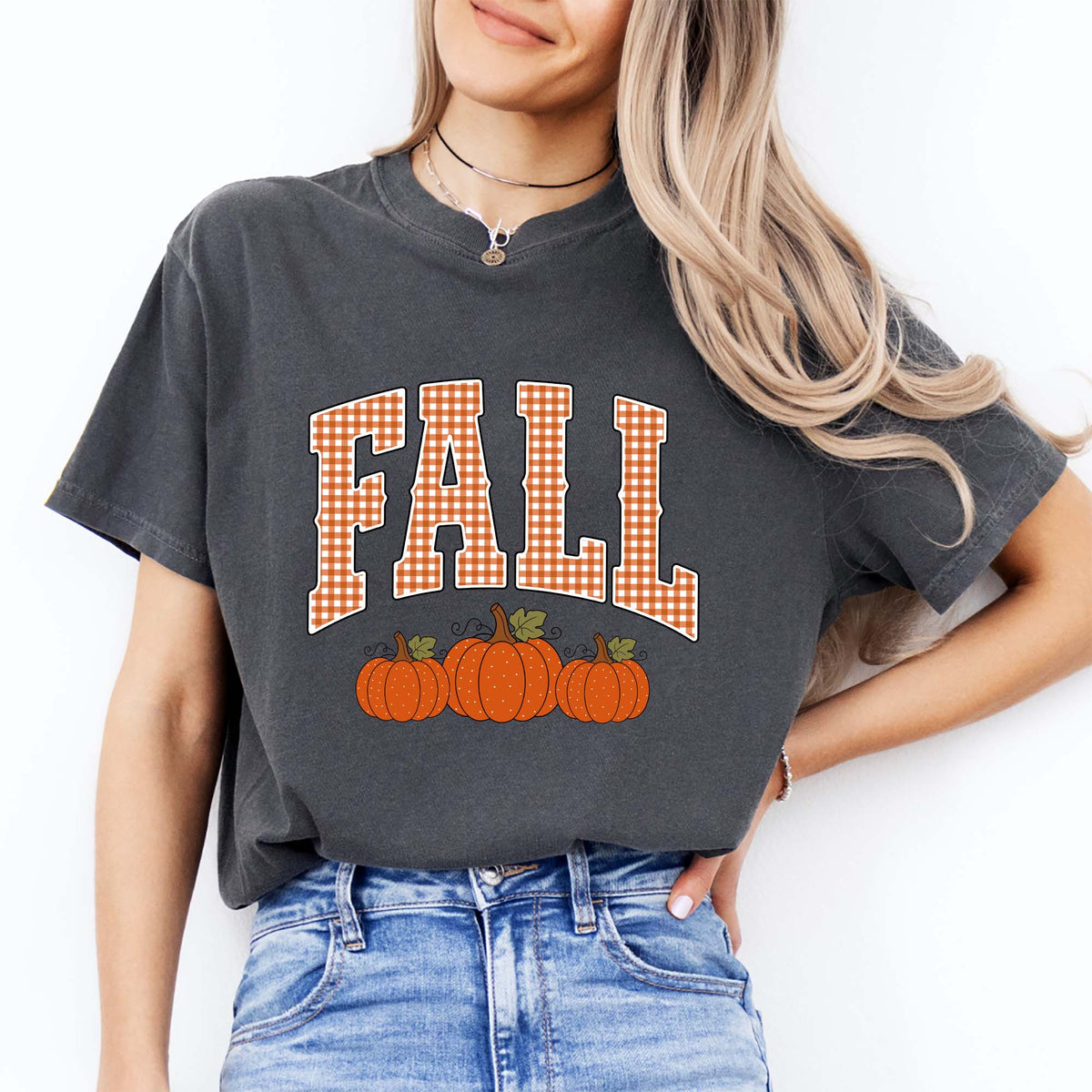 Gingham Pumpkin Autumn Graphic T-Shirt – Retro Fall Vibe