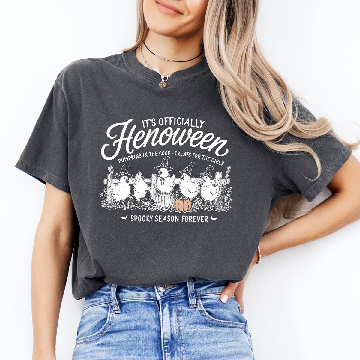 Backyard Chicken Autumn Graphic Tee – \"It's Officially Henoween\" Witch Hens
