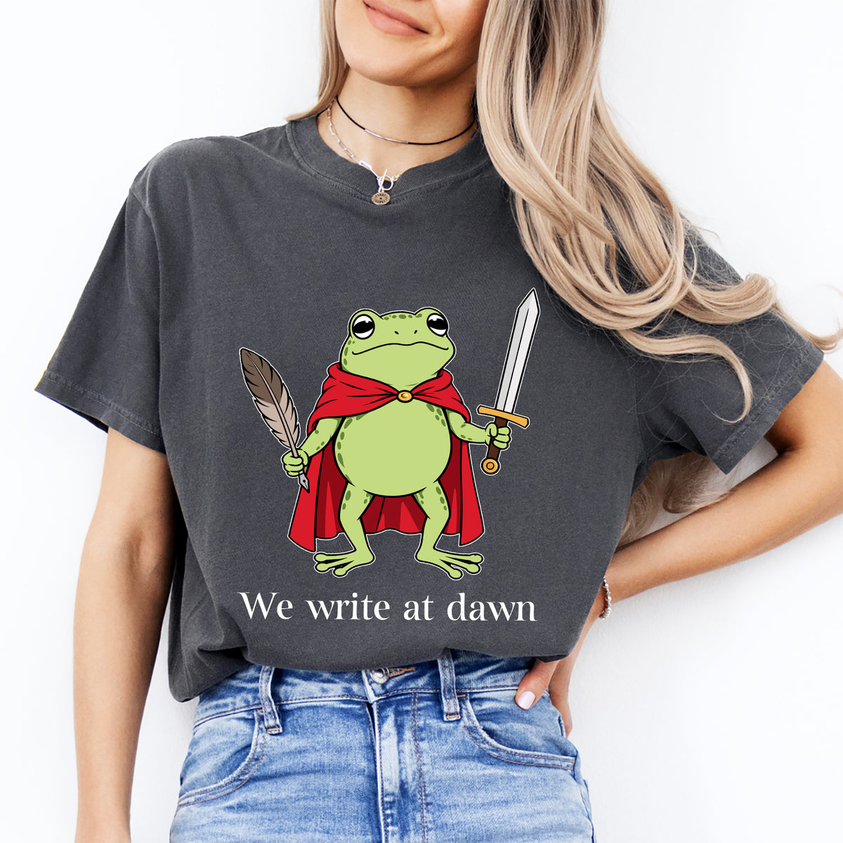 "We Write at Dawn" Author Warrior Frog Writer Graphic Tee