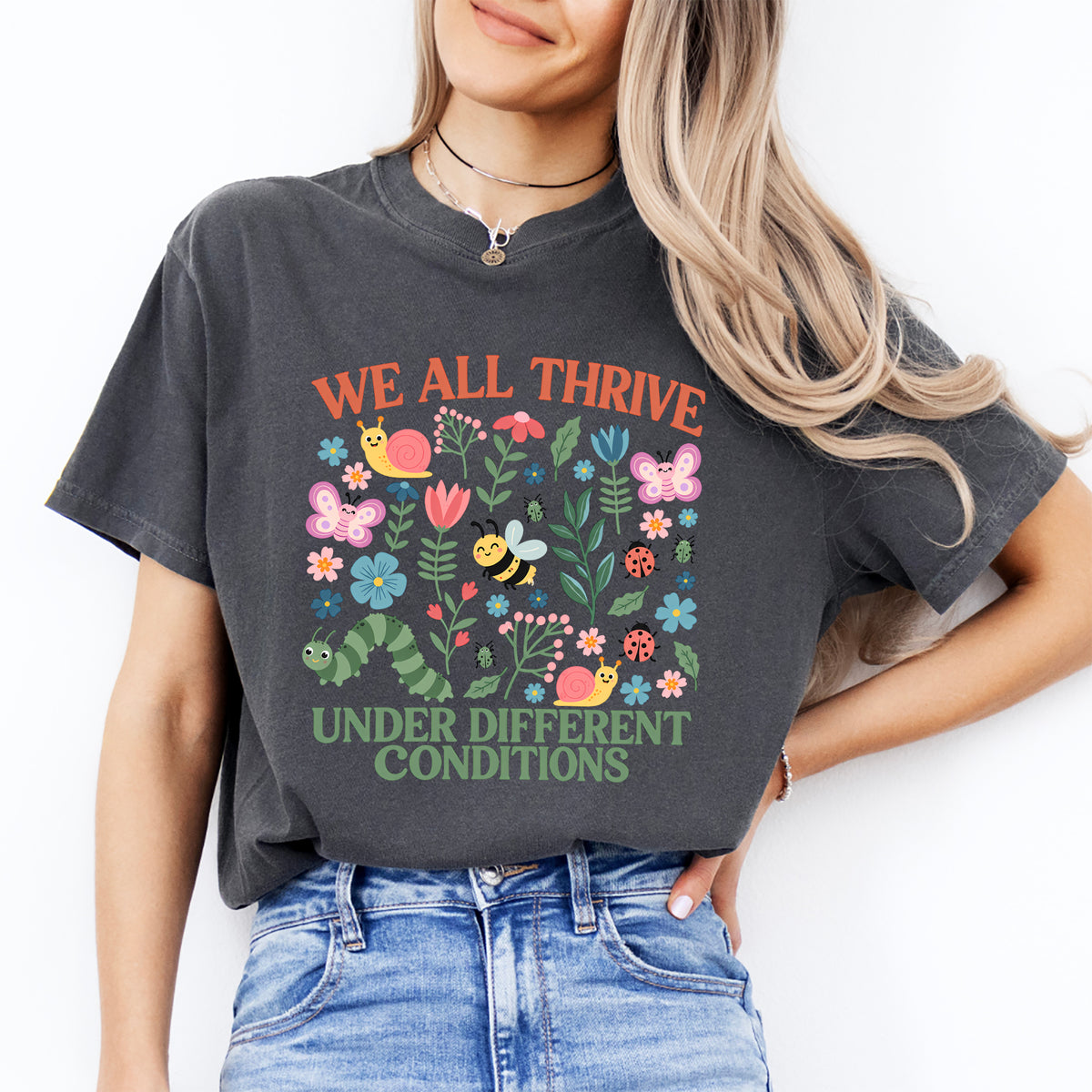 Neurodiversity inclusion garden caterpillar snail bee graphic shirt in pepper grey
