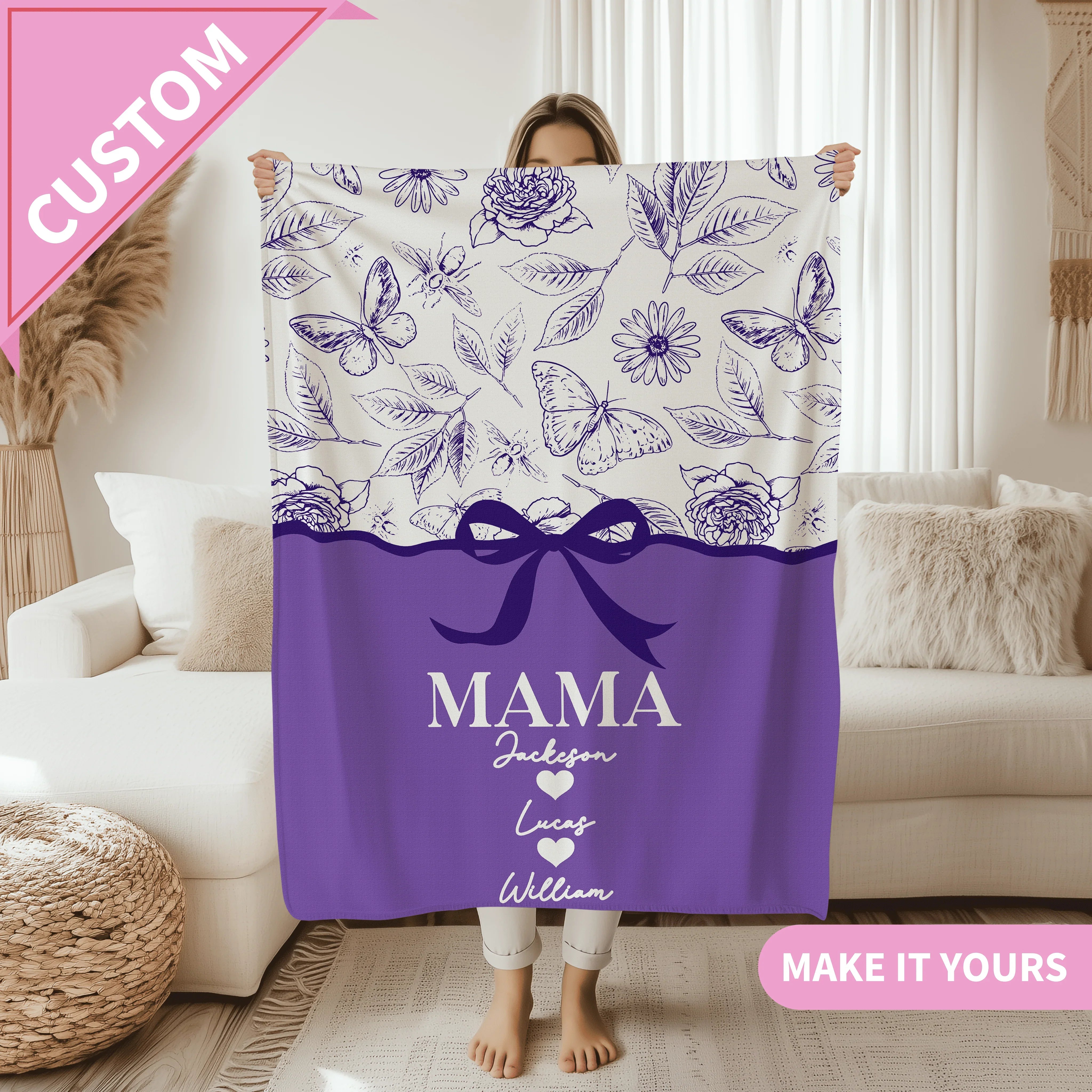 Personalized Mama With Kids Names Floral Butterfly Throw Gift for Mom Blanket 50" × 60" Printify All Over Prints T-Shirt