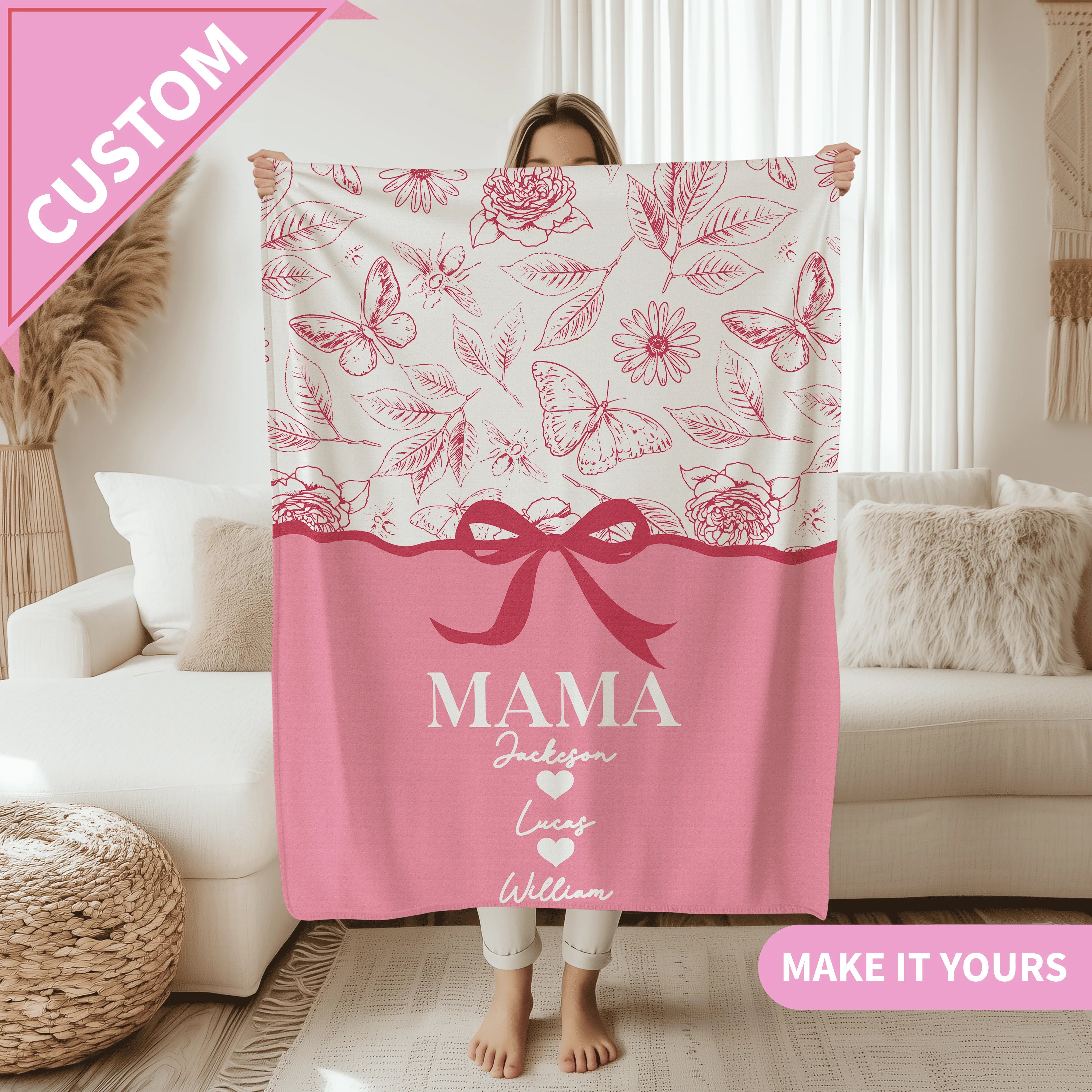 Personalized Mama With Kids Names Floral Butterfly Throw Gift for Mom Blanket 50" × 60" Printify All Over Prints T-Shirt