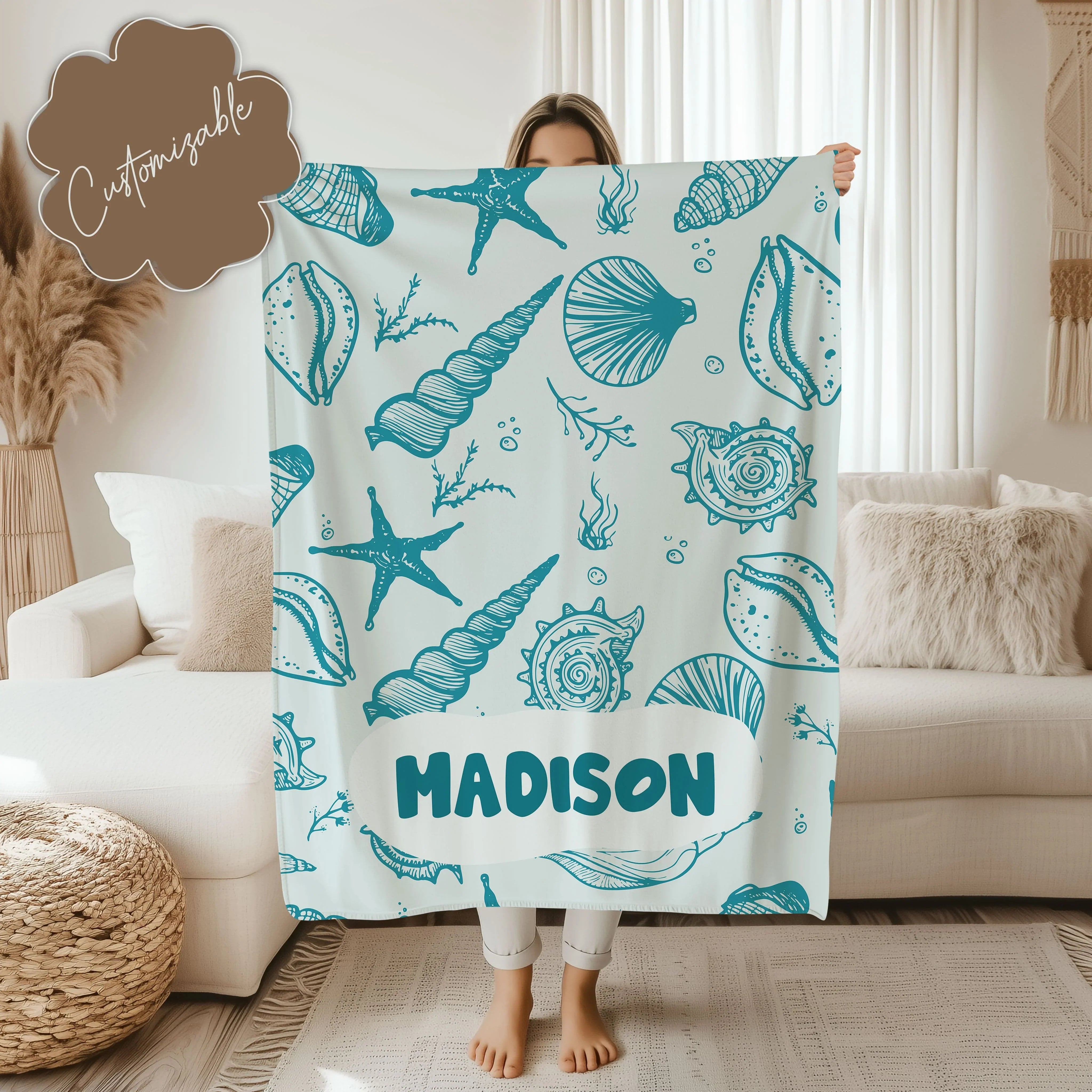 Personalized Ocean Name Sea Shell Beach Throw for Kids & Coastal Room Decor Blanket 50" × 60" Printify All Over Prints T-Shirt