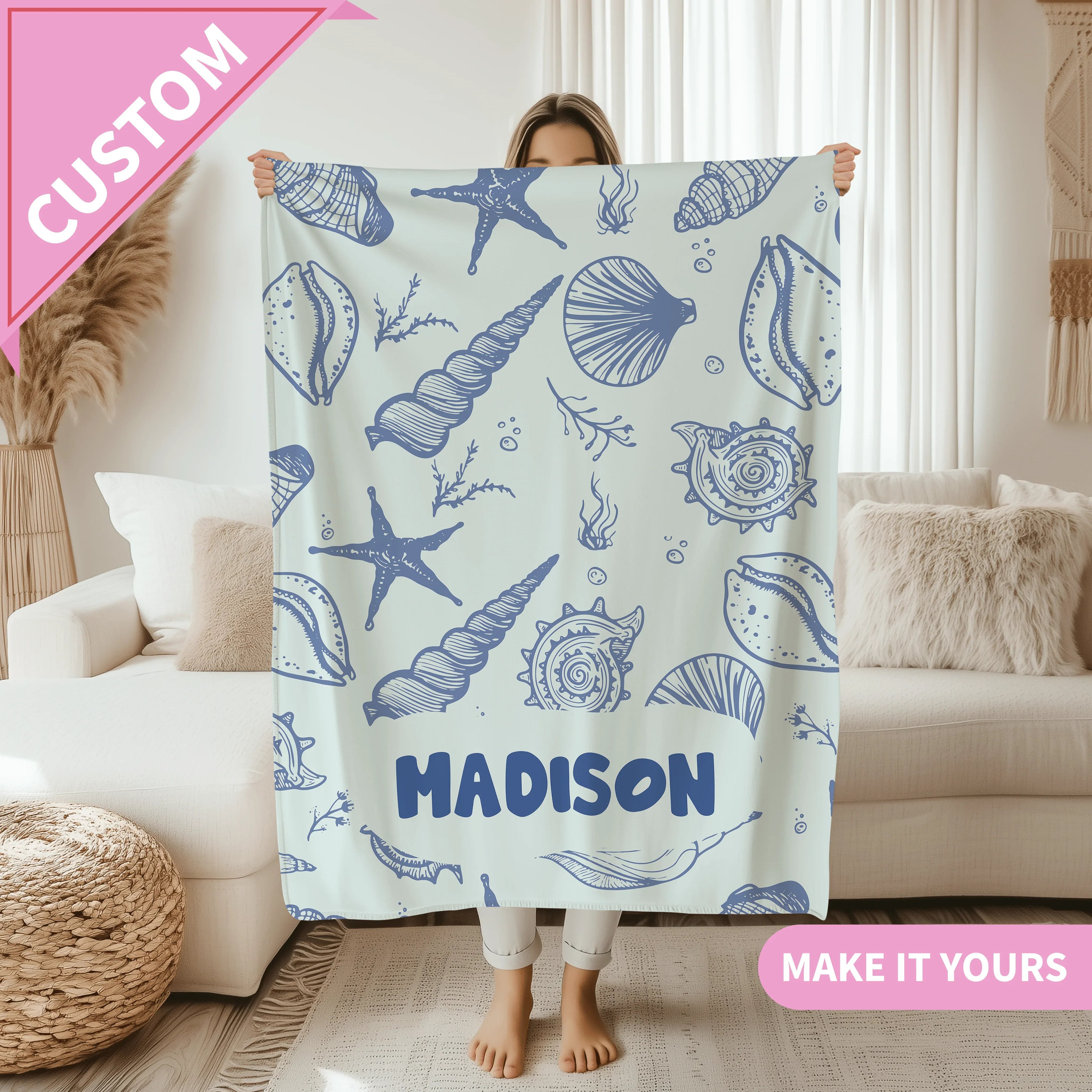 Personalized Ocean Name Sea Shell Coastal Room Decor Blanket 50" × 60" Printify All Over Prints T-Shirt