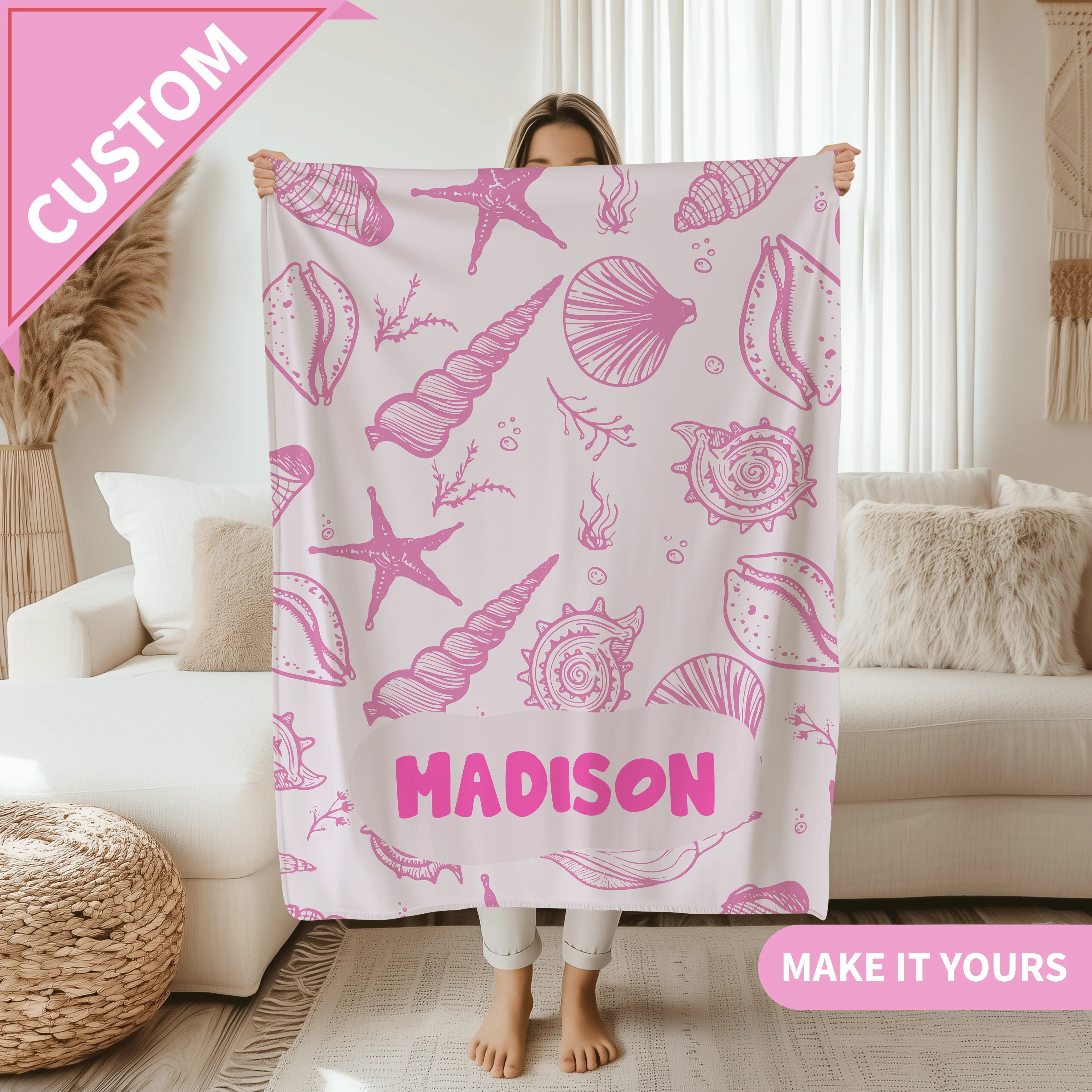 Personalized Ocean Name Sea Shell Coastal Room Decor Blanket 50" × 60" Printify All Over Prints T-Shirt