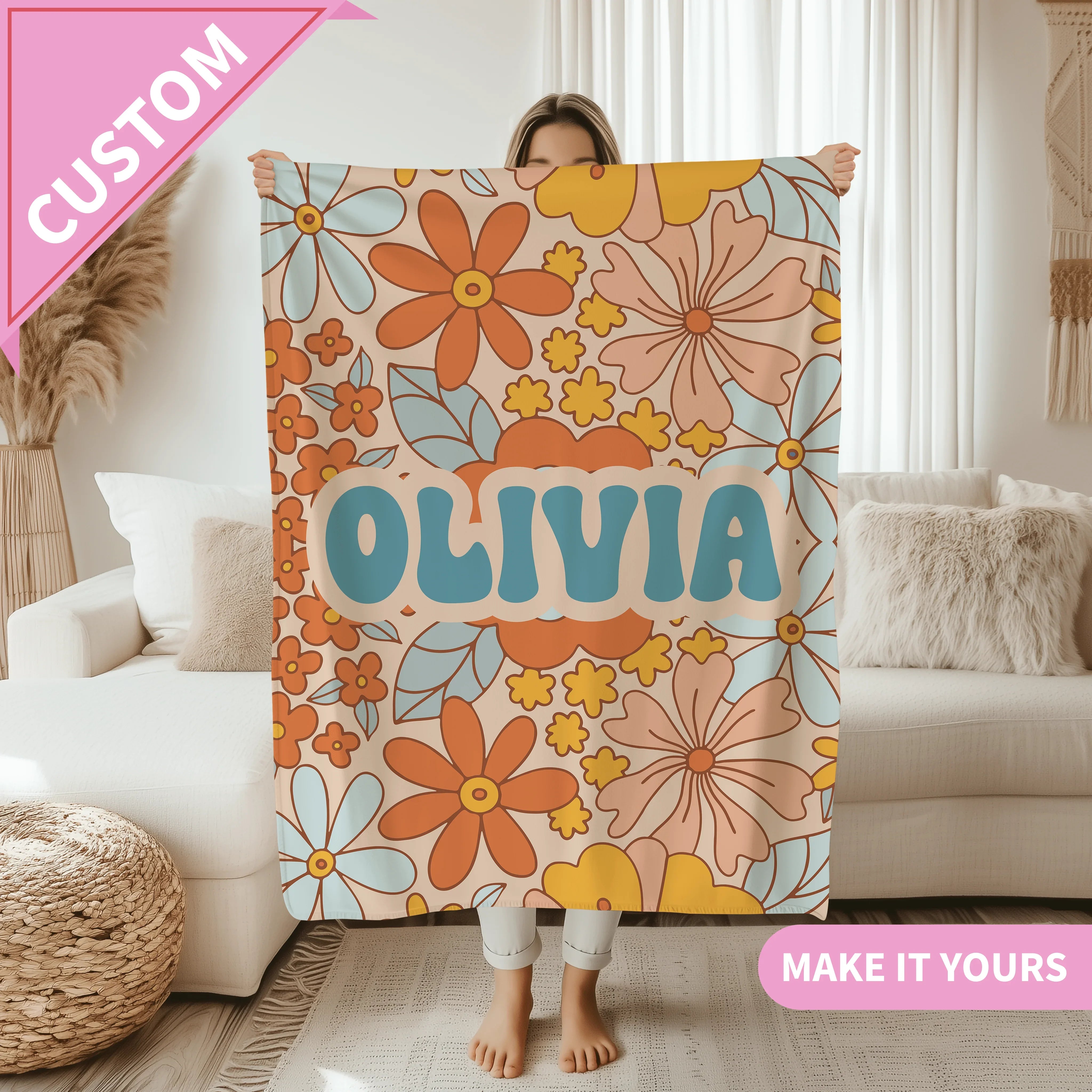 Personalized Olivia Inspired Retro Floral Print Keepsake Gift Blanket 50" × 60" Printify All Over Prints T-Shirt