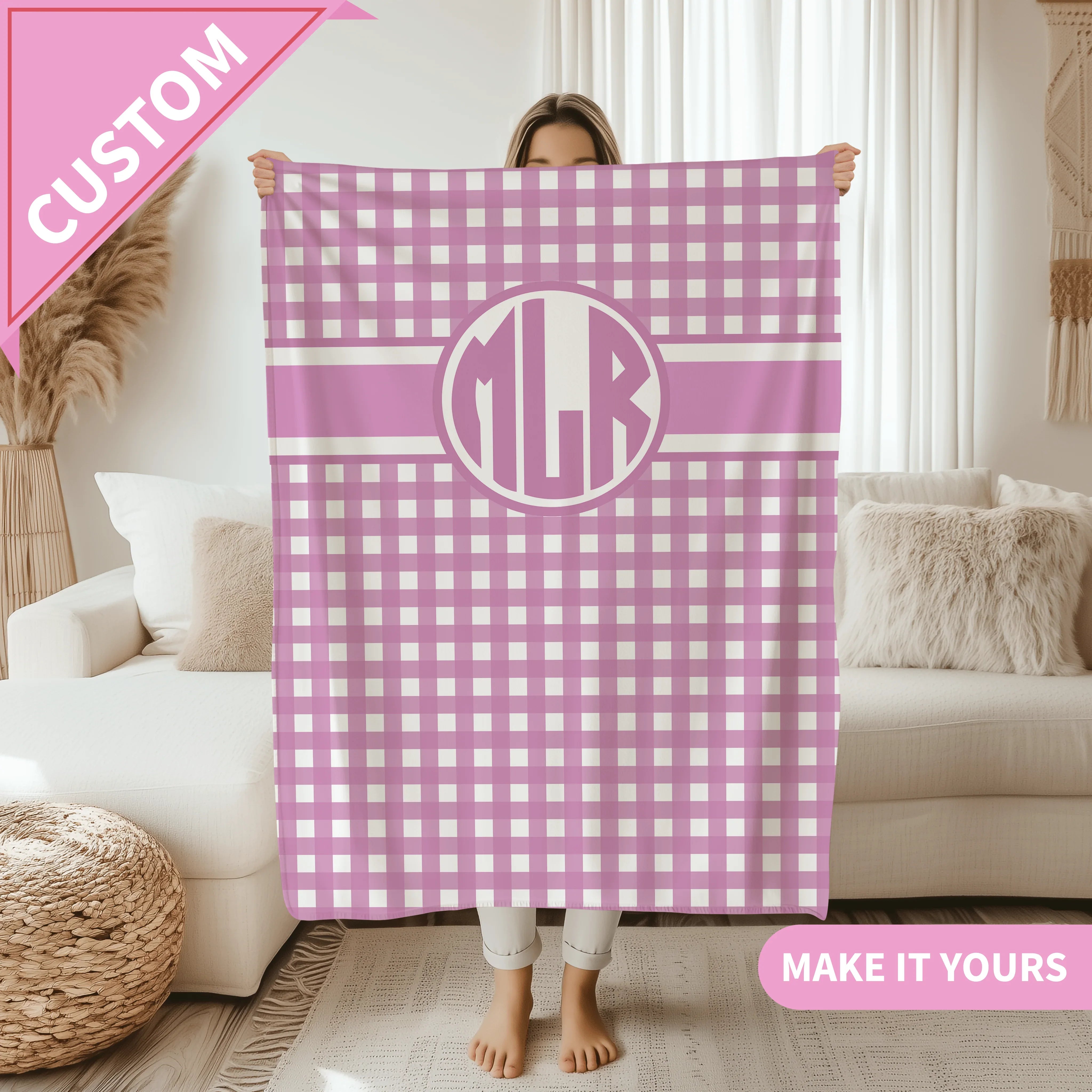 Personalized Pink Gingham Monogram Preppy Blanket 50" × 60" Printify All Over Prints T-Shirt