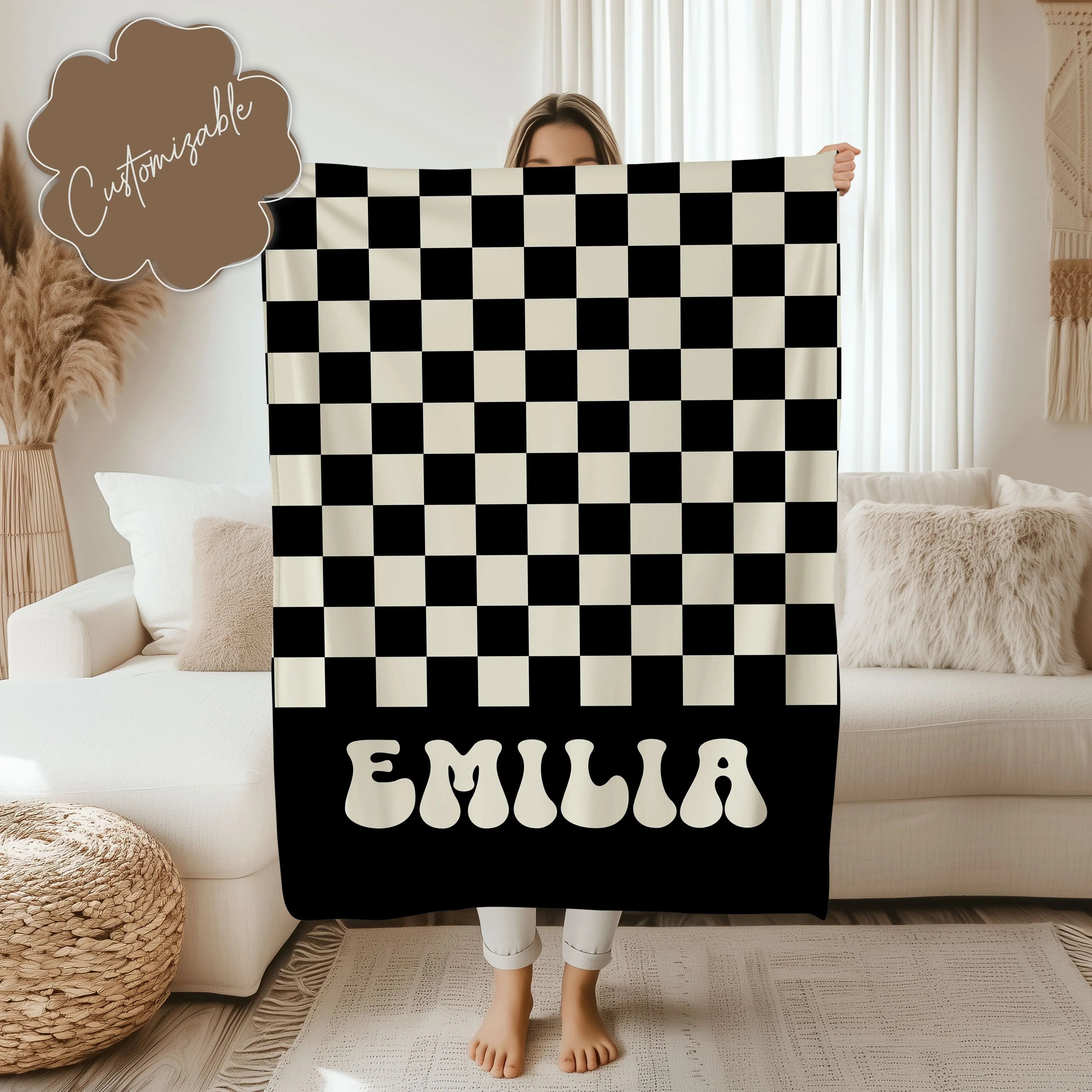 Personalized Retro Checkerboard Name Groovy Throw For Teens & Aesthetic Room Decor Blanket 50" × 60" Printify All Over Prints T-Shirt