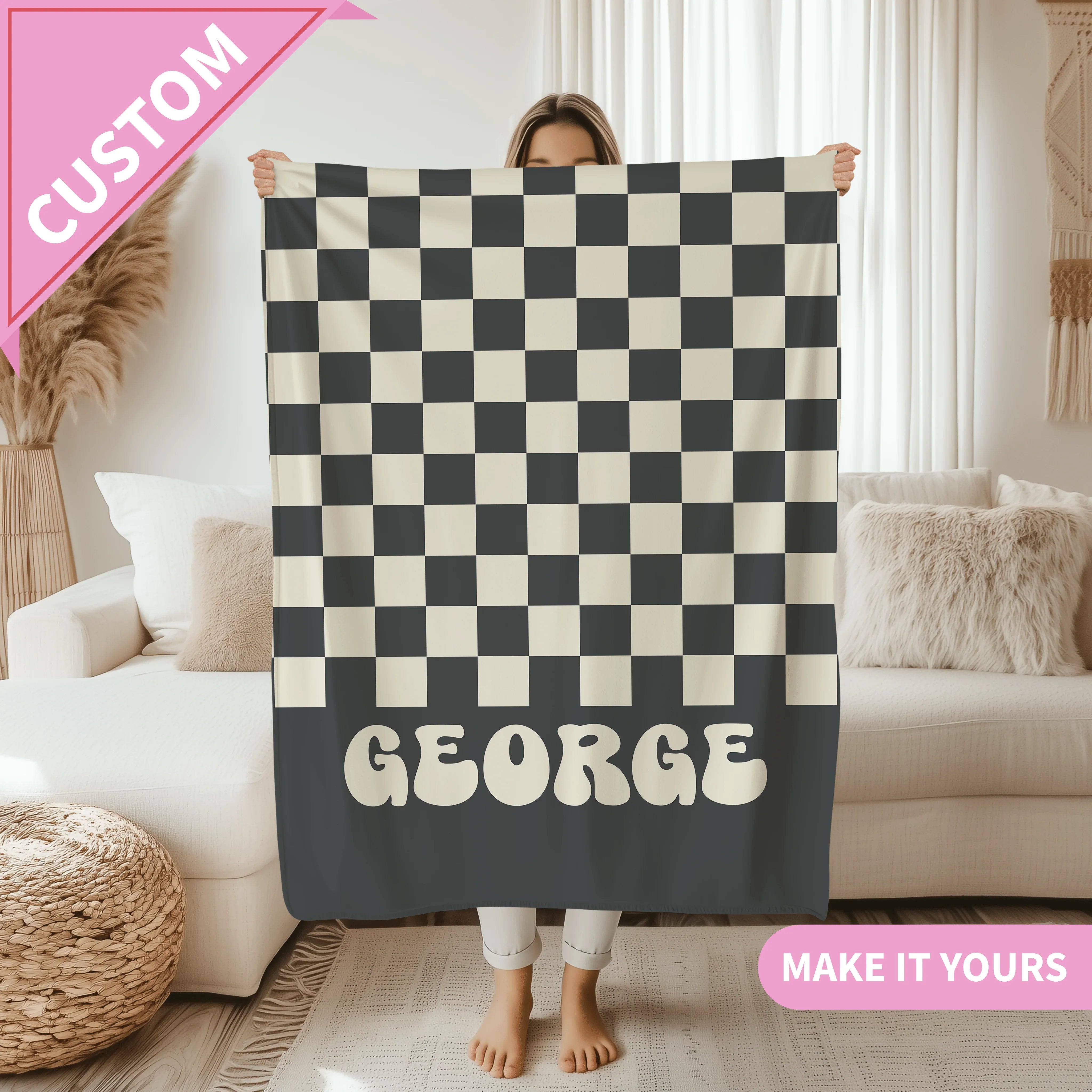 Personalized Retro Checkerboard Name Groovy Throw For Teens & Aesthetic Room Decor Blanket 50" × 60" Printify All Over Prints T-Shirt