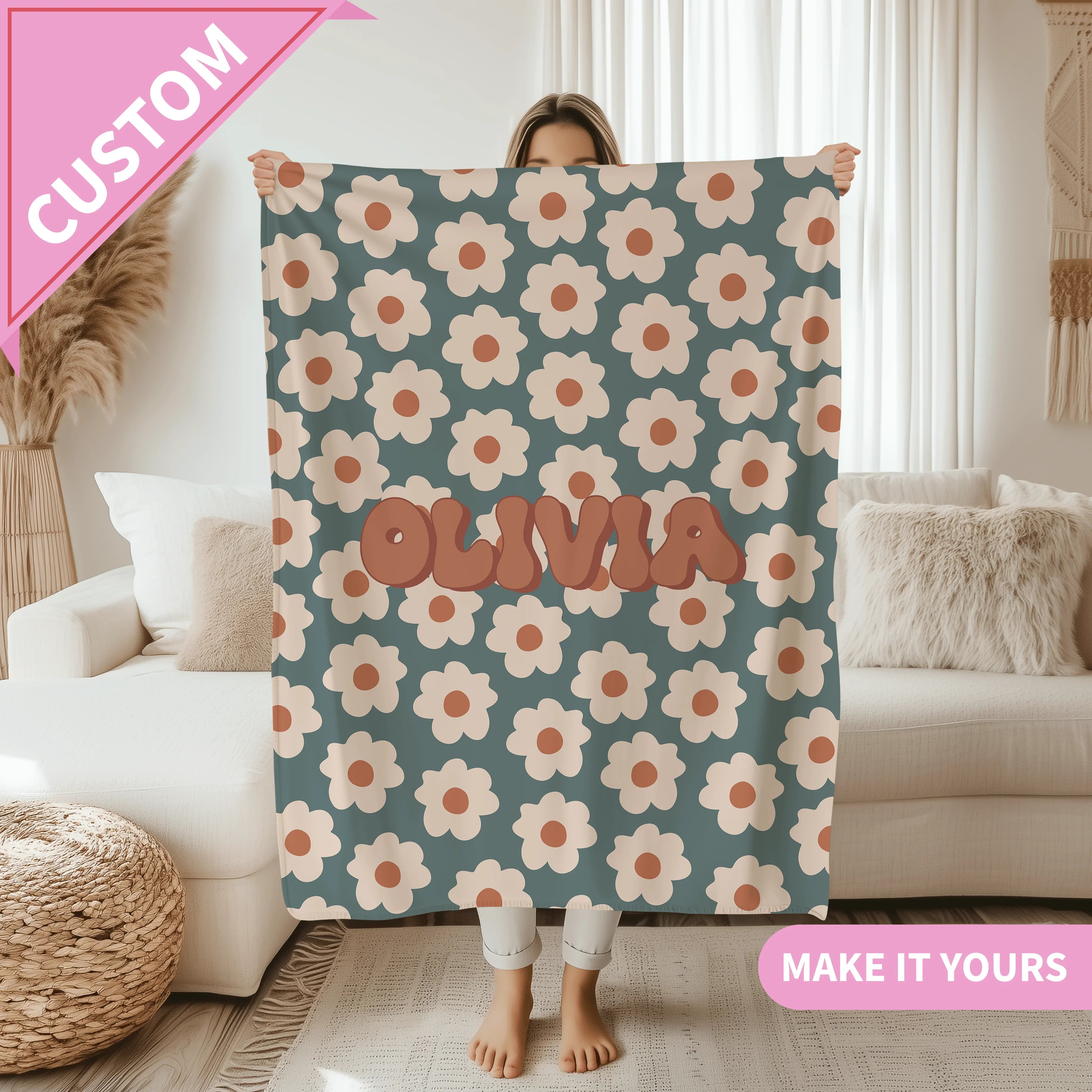 Personalized Retro Flower Blanket 50" × 60" Printify All Over Prints T-Shirt