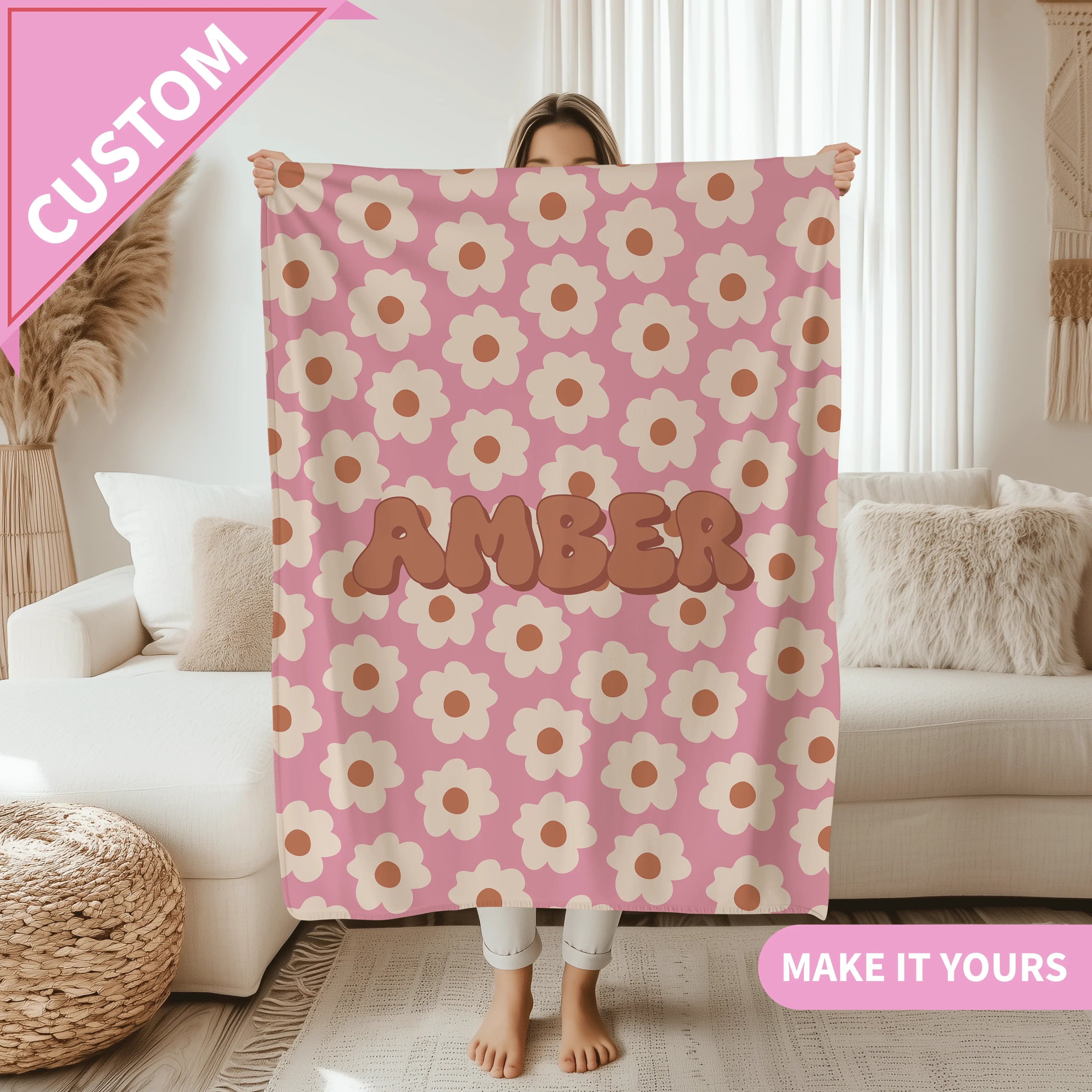 Personalized Retro Flower Blanket 50" × 60" Printify All Over Prints T-Shirt