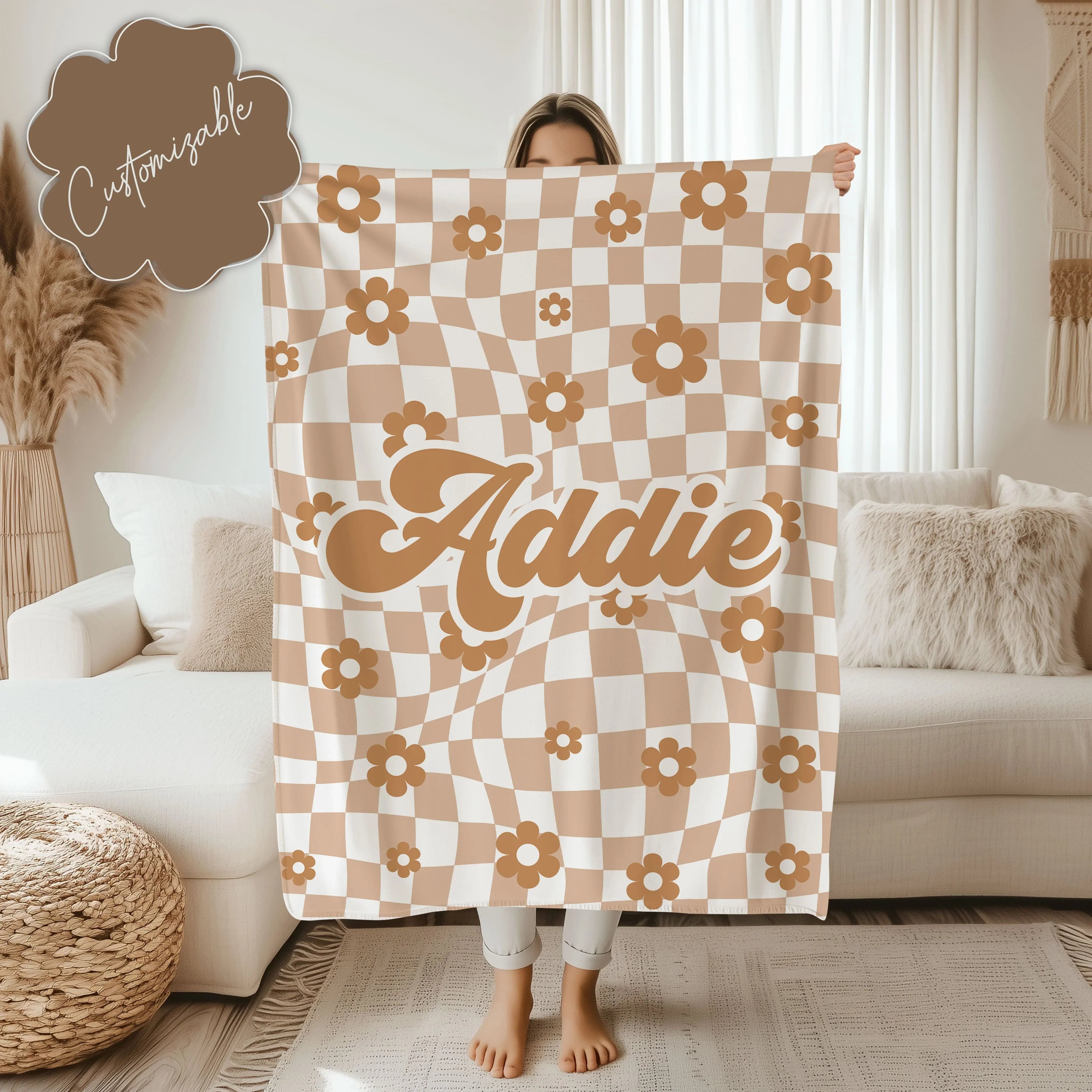 Personalized Retro Groovy Daisy Checker Throw For Kids & Teens Blanket 50" × 60" Printify All Over Prints T-Shirt