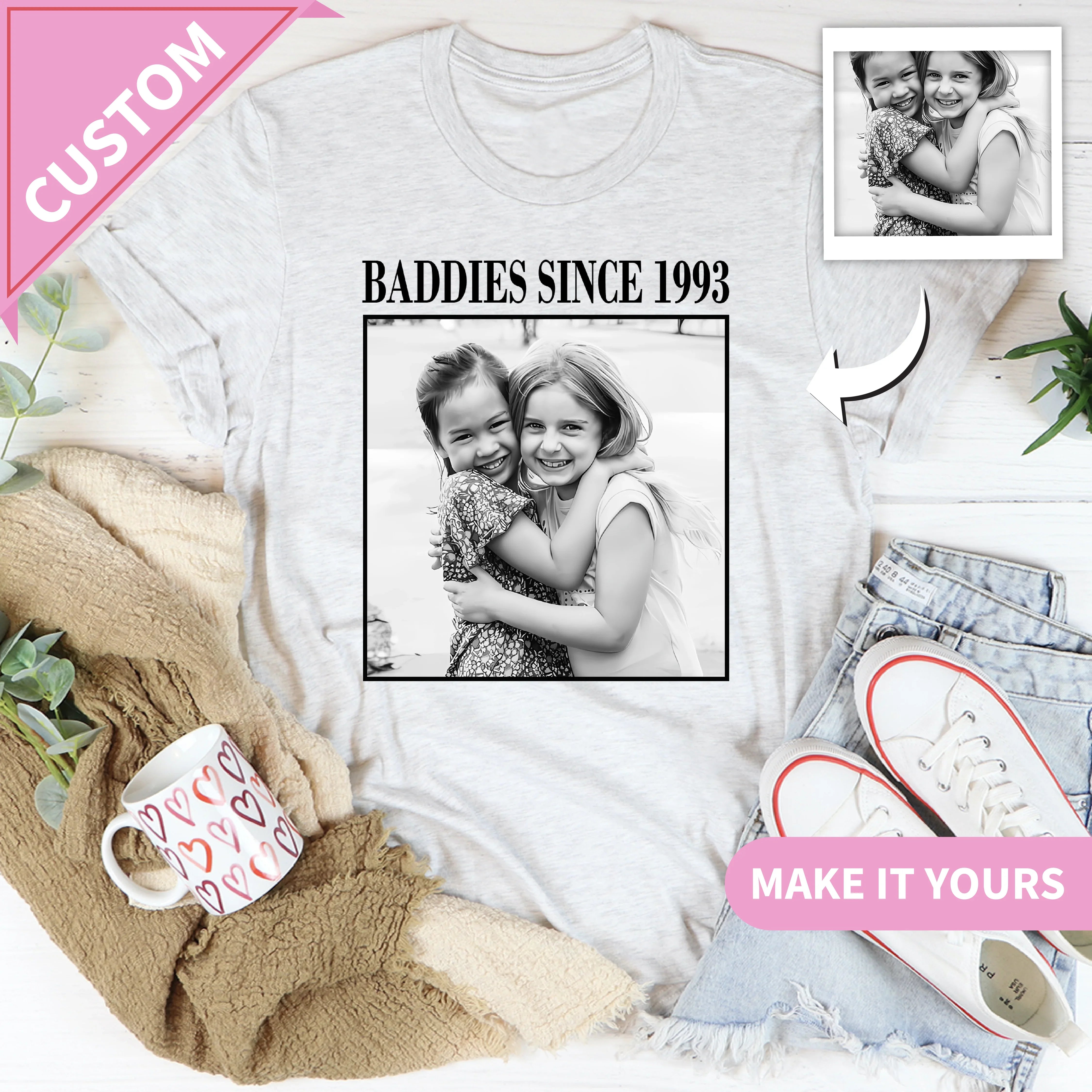 Personalized Vintage Photo Memory With Picture & Text Retro Sketch Style Gift For Friends & Family Tee Ash / S Printify T-Shirt T-Shirt