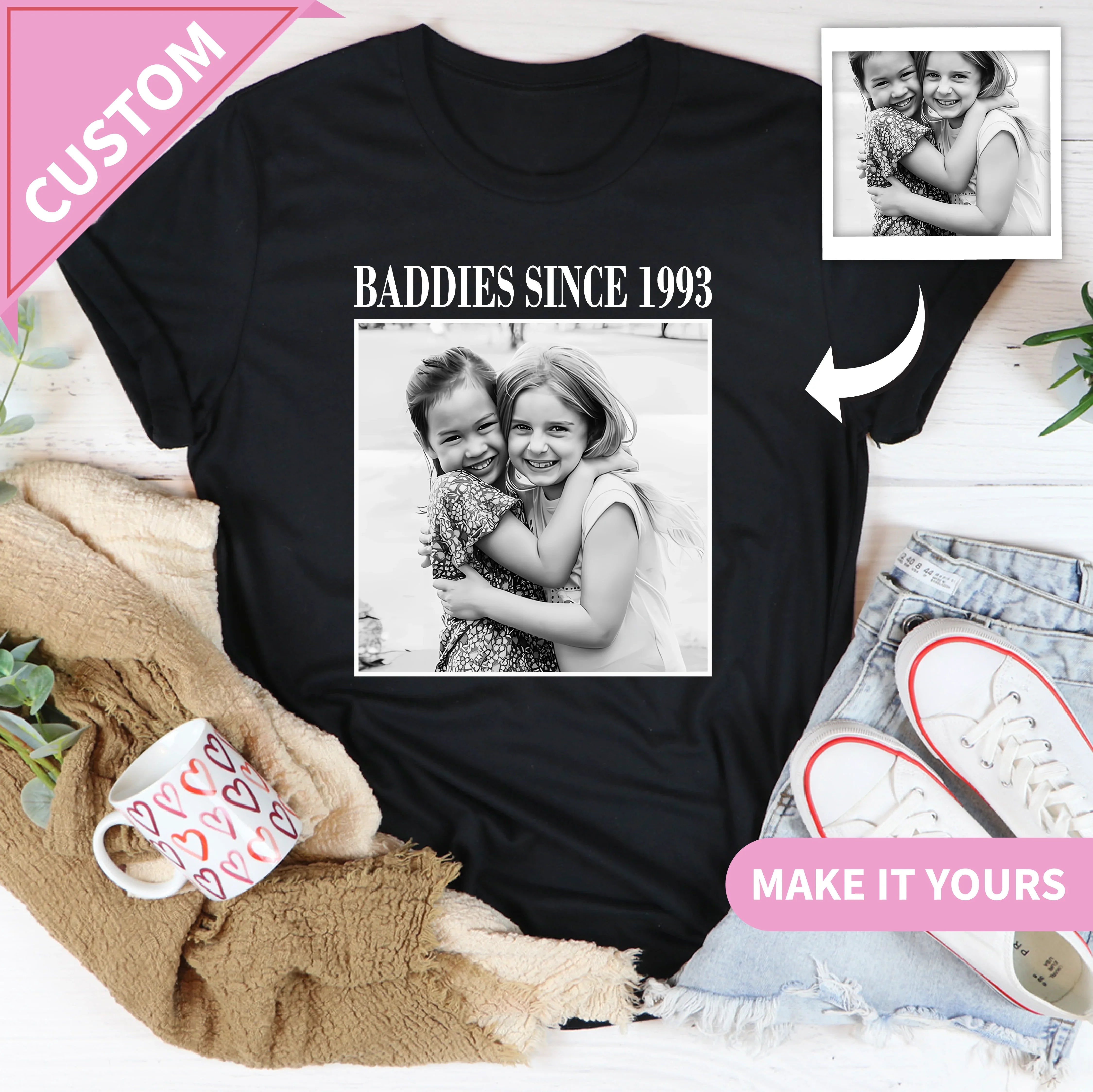 Personalized Vintage Photo Memory With Picture & Text Retro Sketch Style Gift For Friends & Family Tee Black / S Printify T-Shirt T-Shirt