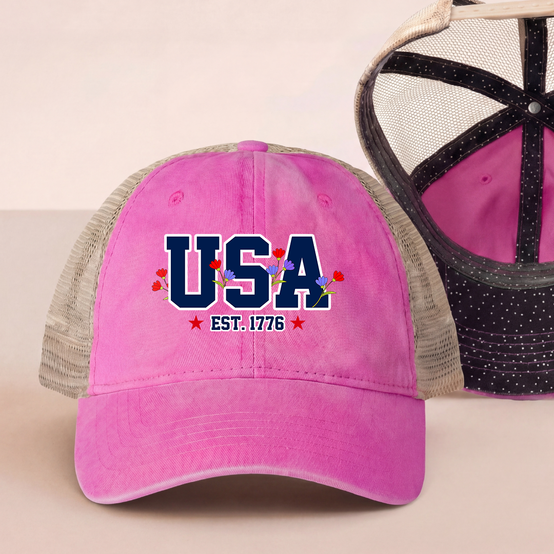 Embroidered USA Flag Floral Trucker Hat