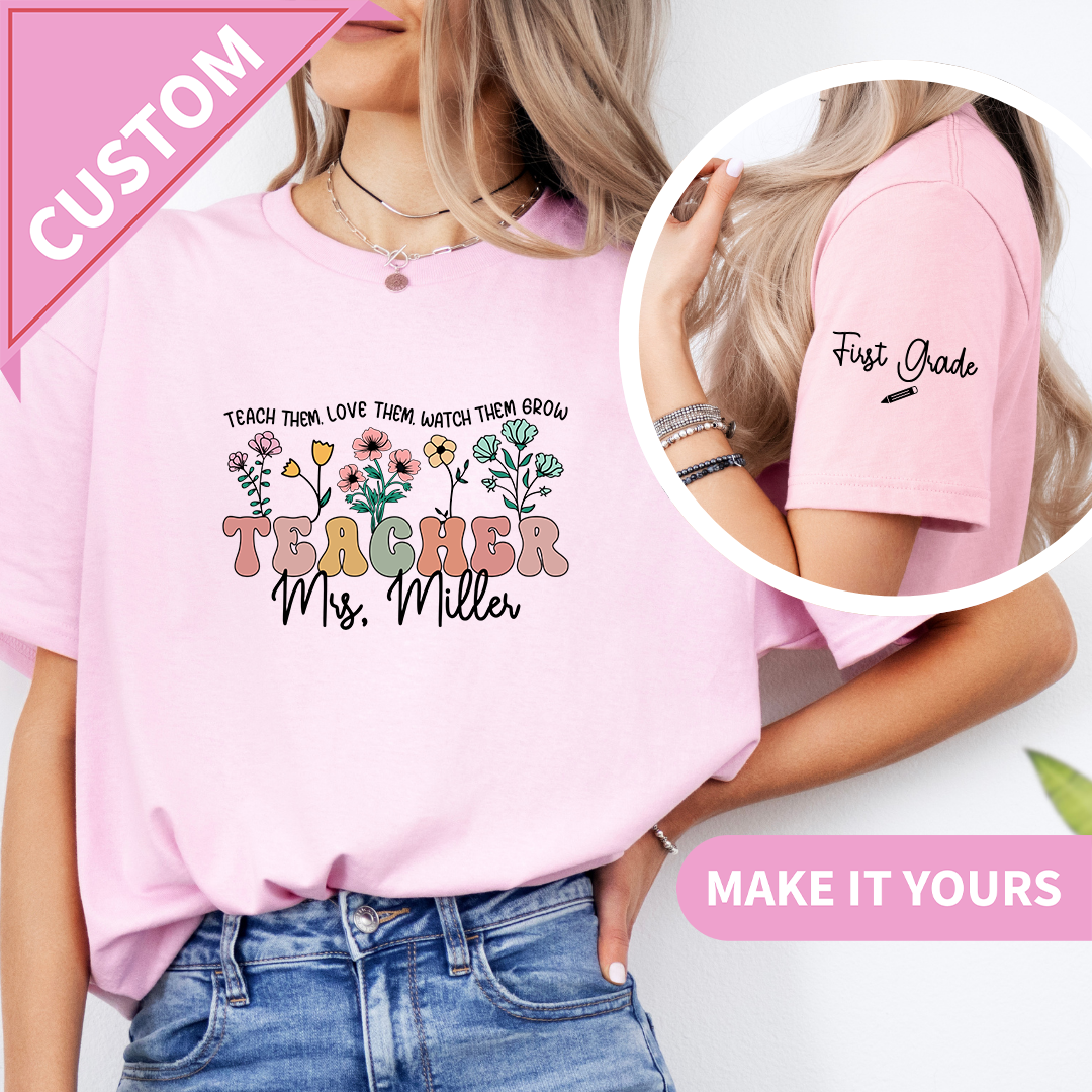 Custom Retro Floral Teacher Wildflower Groovy Gift Tee